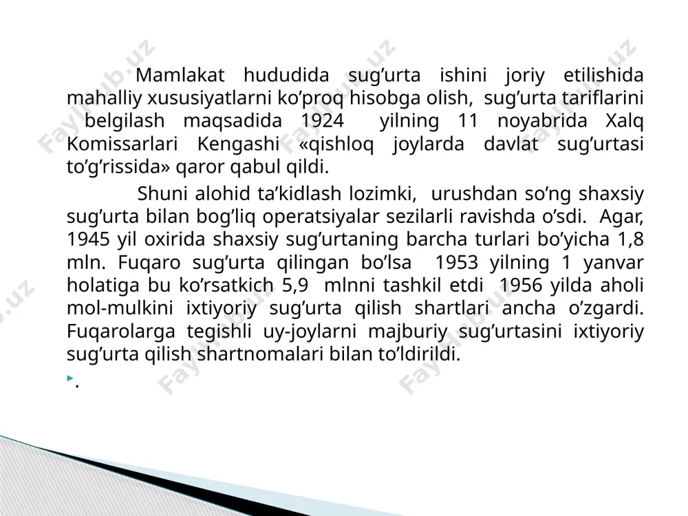 lotlariga raqobatbardosh xususiy sektorda mustaqil sug‘urta kompaniyalari vujudga kela boshladi. bu shubhasiz, ularning faoliyatini tartibga soladigan maxsus qonun qabul qilishni talab etdi. 1993- yilning 6 mayida o‘zbekiston republikasi oliy kengashi (hozirgi oliy majlis) “sug‘urta to‘g‘risida» qonun qabul qildi. shu qonun sug‘urtani rivojlantirishning, sug‘urta bozorini shakllantirishning huquqiy asoslarini, respublikani ijtimoiy-iqtisodiy rivojlantirishda sug‘urtaning mavqei va o‘rnini belgilab berdi, fuqarolar va yuridik shaxslarning sug‘urta xizmatlariga bo‘lgan talablari to‘liqroq qondirilishini kafolatladi, sug‘urta munosabatlari barcha ishtirokchilarining manfaatlari himoya qilinishi va majburiyatlariga rioya etilishini ta’minladi. 1992-1994-yillarda iqtisodiyotning barcha bo‘g‘inlarida monopoliyaga barham berilish va xususiylashtirish jarayoni kuchayishiga qaramasdan, o‘zbekiston sug‘urta bozorida davlat sug‘urta muassasalarining ustunligi saqlanib qoldi. mamlakatning shahar va qishloq joylaridagi asosiy sug‘urta operatsiyalari o‘zbekiston respublikasi moliya vazirligi huzuridagi davlat sug‘urta bosh boshqarmasi va uning joylardagi bo‘linmalari tomonidan amalga oshirildi. statistik ma’lumotlarga ko‘ra, 1992-yilda davlat sug‘urta tashkilotlari tomonidan jami 2415,1 mln. rubl miqdorida sug‘urta badallari yig‘ib olingan. 1992-yil boshlarida o‘zbekistonda nodavlat sektorida o‘nga yaqin sug‘urta kompaniyalari …