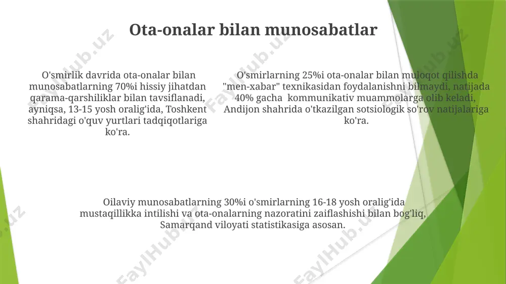 qqatni jamlash qobiliyati 16 yosh atrofida sezilarli darajada yaxshilanadi. shu bilan birga, xotira va qaror qabul qilishning xatolik ehtimoli ham yuqori bo'ladi, masalan, 70% hollarda yosh o'smirlar impulsiv harakatlarga moyil bo'lishlari mumkin. ta'lim va o'qishga bo'lgan munosabat toshkentdagi tadqiqotlar shuni ko'rsatadiki, o'smirlarning 25% i o'qishga bo'lgan salbiy munosabatini o'zlarining oilaviy muhitlari bilan bog'lashadi, ya'ni oiladagi salbiy munosabatlar, o'qishga bo'lgan munosabatlarga ham ta'sir qiladi. o'smirlik davrida, taxminan 13-15 yosh orasida, o'quv faoliyatiga bo'lgan qiziqish sezilarli darajada o'zgaradi, ba'zi o'quvchilar samarqanddagi maktablarda o'qishga nisbatan befarqlikni namoyon qilsalar, boshqalari esa yuqori natijalarga intilishadi. o'quv jarayoniga bo'lgan munosabatda, 16-18 yoshdagi o'smirlarning 70% i ijtimoiy ta'sirlarga, do'stlarining fikriga va ommaviy axborot vositalarining ta'siriga juda sezgir bo'lib, o'zlarining o'qishga bo'lgan munosabatlarini shu omillarga moslashtirishadi. e'tiboringiz uchun rahmat @taqdimot_robot