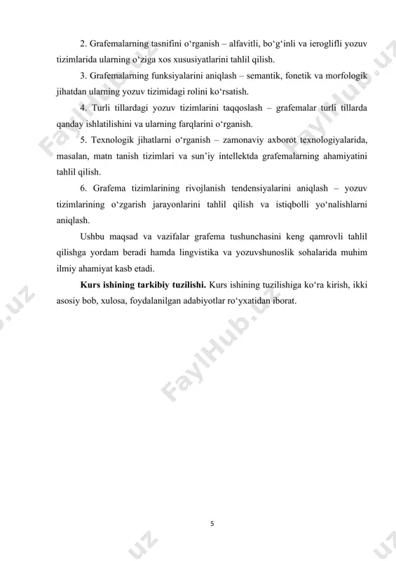 : "yo‘l" va "yil" kabi so‘zlar. 4. yozuvning kodlash xususiyatlari: grafemalar yozuv tizimining kodlash birligi bo‘lib, ular orqali nutqni yozuvda aks ettirish mumkin. har bir yozuv tizimi o‘zining alohida grafema tizimiga ega. masalan, lotin, kirill va arab yozuvlari turli xil grafemalarni ishlatadi va bu tizimlarning har biri o‘z tilining fonetik, morfologik va semantik xususiyatlarini aks ettiradi. 5. grafemaning tipologiyasi: grafemalar tilshunoslikda turli tiplarga bo‘linadi. alfavitli yozuv tizimlarida har bir grafema fonema bilan bog‘liq bo‘ladi, bo‘g‘inli tizimlarda grafemalar bo‘g‘inlarga mos keladi, va ieroglif tizimlarida har bir grafema semantik ma’no va fonetik o‘ziga xosliklarga ega. shu bilan birga, grafema turlarining o‘zaro farqlari tilning evolyutsiyasi va yozuv tizimining rivojlanishiga ta’sir ko‘rsatadi. grafemalarning o‘ziga xosliklari va turlari: 1. alfavitli grafemalar: alfavitli tizimlarda har bir grafema bir fonemani ifodalaydi. masalan, lotin alifbosidagi harflar (a, b, c) yoki kirill alifbosidagi harflar (a, b, v) har bir fonemaga mos keladi. 2. bo‘g‘inli grafemalar: bo‘g‘inli tizimlarda grafemalar bo‘g‘inlar …