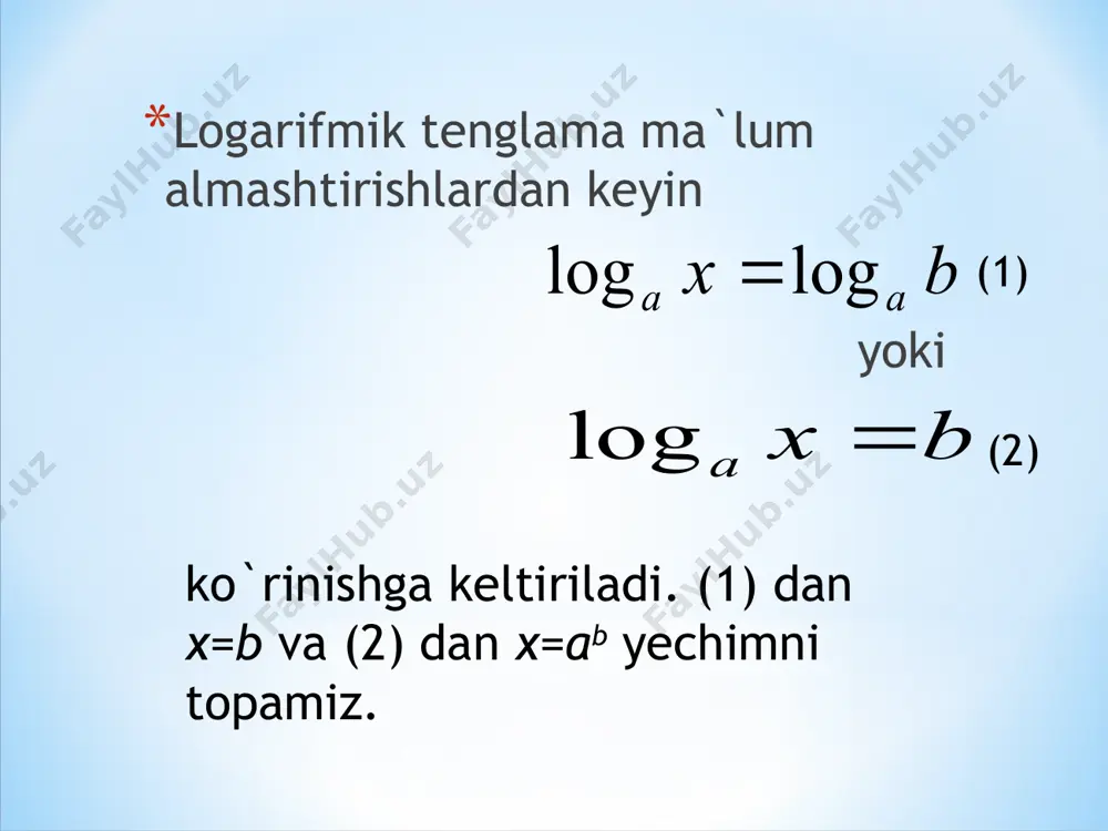 lasi ham tenglamani qanoatlantiradi. logarifmik tengsizlik lozim bo`lgan almashtirishlar bajarilgandan keyin yoki ko`rinishiga keladi. yechish: tengsizlikning mavjudlik sohasi x+2>0, yechimi esa x+2<10 bo`ladi. tengsizlik yechimini topish uchun tengsizliklar sistemasiga ega bo`lamiz, uni yechib ni yoki ni hosil qilamiz