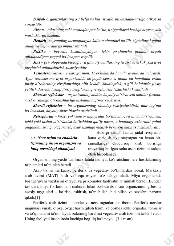 . akson – tolasining uchi tarmoqlangan bo’lib, u signallarni boshqa neyron yoki mushaklarga uzatadi. dendrit- neyronning tarmoqlangan kalta o’simtalari bo’lib, signallarni qabul qiladi va hujayralarga impuls uzatadi. psixika – bevosita kuzatilmaydigan, lekin qo‘shimcha ifodalar orqali aniqlanadigan yaqqol bo‘lmagan voqelik. jins – psixologiyada biologic va ijtimoiy omillarning ta’siri va erkak yoki ayol farqlarini aniqlashtirish xususiyatidir. testosteron-asosiy erkak gormon. u erkaklarda hamda ayollarda uchraydi. agar testosterone ayol organizmida ko’payib ketsa, u holda bu homilada erkak jinsiy a’zolarining rivojlanishiga olib keladi. shuningdek, o’g’il bolalarda jinsiy yetilish davrida tashqi jinsiy belgilarning rivojlanishi tezlashishi kuzatiladi shartsiz reflekslar – organizmning muhim hayotiy ta’sirlovchi omillar (ozuqa, xavf va shunga o‘xshashlar)ga nisbatan tug‘ma reaksiyasi. shartli reflekslar – bu organizmning shunday reksiyalaridirki, ular tug‘ma bo‘lmasdan, hayotiy sharoitlarda orttiriladi. retseptorlar – hissiy yoki sensor hujayralar bo‘lib, ular, ya’ni, bu ta’sirlanish, ichki yoki tashqi ta’sirlanish bo‘lishidan qat’iy nazar, u haqidagi axborotni qabul qilgandan so‘ng, o‘zgartirib, asab tizimiga etkazib beruvchi maxsus tuzilmalardir. …