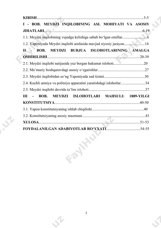 ..........................................................................51-53 foydalanilgan adabiyotlar ro‘yxati....................................54-55 2 kirish mavzuning dolzarbligi. meydzi islohotlari yaponiya tarixida feodal va yakkalangan jamiyatdan modernizatsiya qilingan va sanoatlashgan davlatga ajoyib o‘zgarish bilan tavsiflangan muhim davrdir. xix asrda amalga oshirilgan meydzi islohotlari yaponiya hukumati tomonidan imperator meydzi boshchiligida amalga oshirilgan bir qator keng qamrovli oʻzgarishlar edi. bu islohotlar yaponiyaning siyosiy, ijtimoiy, iqtisodiy va madaniy sohalarini jonlantirishga qaratilgan bo‘lib, uning jahonning yirik davlati sifatida tez yuksalishiga zamin yaratdi. meydzi davrigacha yaponiyada feodal tuzum hukmronlik qilgan, hokimiyat “daymyo” deb nomlanuvchi mintaqaviy sarkardalar qo‘lida to‘plangan edi. bu davrda g‘arb ta’sirining kuchayishi va mustamlakachilik tahdidi oldida yaponiya o‘zining omon qolishi va suverenitetini ta’minlash uchun o‘zini modernizatsiya qilish va mustahkamlash zarurligini tan oldi. 1867-yilda boshlangan va bosqichma0bosqich ravishda to 1912-yilgacha davom etgan meydzi davri yaponiya jamiyatining deyarli barcha jabhalariga taalluqli islohotlarning shov-shuviga guvoh bo‘ldi. hukumat hokimiyatni markazlashtirish, feodalizmni yo‘q qilish va uning o‘rniga zamonaviy byurokratiyani o‘rnatish bo‘yicha ulug‘vor kun tartibiga kirishdi. samuraylar sinfi, avvallari …