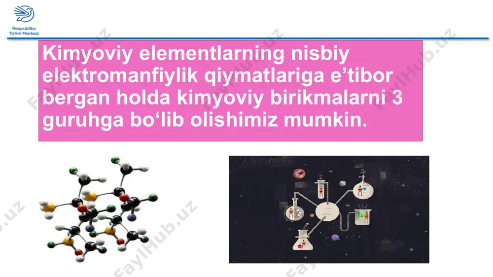 nt bog‘lanish qutbli kovalent bog‘lanish elektrmanfiyligi bir-biridan biroz farq qiladigan atomlar orasida hosil bo‘lgan umumiy elektron juftlar, elektrmanfiyligi kattaroq bo‘lgan atomga tomon biroz siljigan bo‘ladi. kimyoviy bog’lanishning qanday turlarini bilasiz? kimyoviy bog’lanish savol-javob kimyoviy bog’lanishning qanday turlarini bilasiz? kimyoviy bog’lanish savol-javob ion qutbli kovalent vodorod metall qutbsiz mavzuni o’qish, konspekt qilish, qoidalarini yod olish; savol-topshiriqlarga javob yozish uyga vazifa! e’tiboringiz uchun rahmat