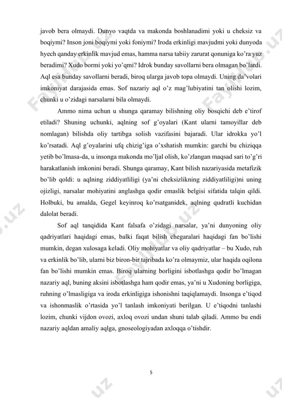 tanlashi lozim, chunki vijdon ovozi, axloq ovozi undan shuni talab qiladi. ammo bu endi nazariy aqldan amaliy aqlga, gnoseologiyadan axloqqa o’tishdir. 1.2. kant falsafada o’ziga xos to’ntarish yasashi kant falsafada o’ziga xos to’ntarish yasadi va falsafani alohida fan sifatida tushunish asoslarini yaratdi. yangi bilish nazariyasini asoslashga harakat qilib, u xvii-xviii asrlarning bilishni borliqdan ko’chirilgan andoza sifatida talqin qiluvchi empirik nazariyalarini tanqid qildi. kant muammoni boshqa zaminga ko’chirdi va falsafada gnoseologiyaning bilish jarayoniga sub’ekt – ob’ekt munosabati sifatida qaraydigan yo’nalishiga asos soldi. biluvchi sub’ekt – bu muayyan individ emas, balki insonning bilish qobiliyatlari va bilim manbalarinigina o’zida mujassamlashtiruvchi qandaydir mavxum tasavvur. inson ongida mavjud bo’lgan mazkur qobiliyatlar majmui unga o’zini qurshagan dunyoni sezgilar va aqlning aprior shakllari yordamida tartibga solishga yordam beradi. bu inson individual, shaxsiy xususiyatlarga ega emas, degan ma’noni anglatmaydi, biroq ular bilish jarayonida yetakchi rol o’ynamasligi kerak. sub’ekt qandaydir narsa, predmet yoki hodisaning ta’sirini sezgilar darajasida idrok etadi. …