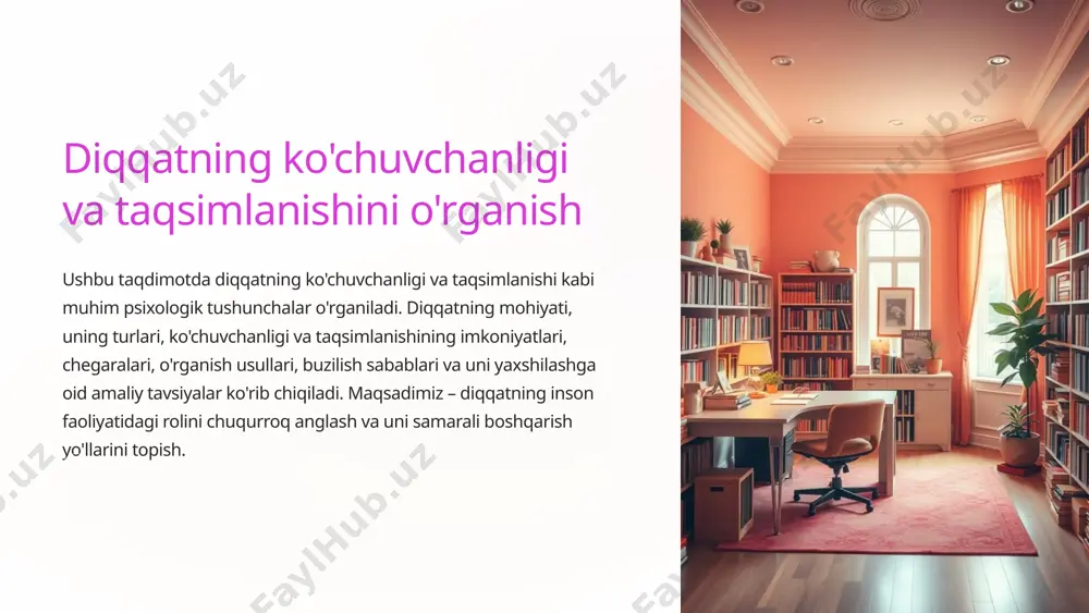 berish qobiliyatidir. biroq, diqqatning taqsimlanishida chegaralar mavjud. ko'p vazifalarni bajarish samaradorlikni pasaytirishi, xatolarni ko'paytirishi va stressni kuchaytirishi mumkin. shuning uchun, diqqatni taqsimlashda vazifalarning murakkabligi va ahamiyatini hisobga olish kerak. samaradorlik diqqatni taqsimlashda vazifalarning murakkabligi va ahamiyatini hisobga olish muhim. xatolik ko'p vazifalarni bajarish xatolarni ko'paytirishi mumkin. stress diqqatni haddan tashqari taqsimlash stressni kuchaytirishi mumkin. 5 diqqatning ko'chuvchanligi va taqsimlanishini o'rganish usullari diqqatning ko'chuvchanligi va taqsimlanishini o'rganish uchun turli xil usullar qo'llaniladi. bularga tajribalar, kuzatuvlar, so'rovnomalar va psixofiziologik usullar kiradi. tajribalar odamlarga turli xil vazifalar berish va ularning diqqatini qanday ko'chirishlari yoki taqsimlashlarini kuzatishni o'z ichiga oladi. kuzatuvlar odamlarning tabiiy sharoitlarda diqqatini qanday namoyon qilishlarini o'rganishga qaratilgan. tajribalar turli xil vazifalar berish va diqqatni kuzatish. 1 kuzatuvlar tabiiy sharoitlarda diqqatni o'rganish. 2 so'rovnomalar o'z-o'zini baholash orqali diqqatni aniqlash. 3 6 tajriba natijalari va ularning tahlili tajribalar natijalari shuni ko'rsatadiki, diqqatning ko'chuvchanligi va taqsimlanishi yoshga, shaxsiyatga, tajribaga va vazifaning murakkabligiga bog'liq. yosh …