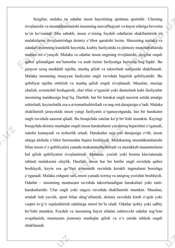 tutadi. har qanday malaka faqat doimiy mashq qilish orqali rivojlanadi. sportchilar, musiqachilar va dasturchilar o‘z sohasida muvaffaqiyatga erishish uchun har kuni mashq qilishlari kerak. malaka shakllanishining eng yaxshi usuli – amaliyot bilan birga nazariy bilimlarni o‘zlashtirishdir. agar inson yangi narsalarni o‘rganayotganda ularni darhol amalda qo‘llasa, malaka tezroq shakllanadi. bundan tashqari, malaka shakllanishi motivatsiya va irodaga ham bog‘liq. agar inson o‘z oldiga aniq maqsad qo‘ysa va unga erishishga intilsa, malakasi tez shakllanadi. shuningdek, muhit va atrof-muhitdagi insonlarning ham ta’siri katta. agar inson tajribali ustoz yoki murabbiydan o‘rganish imkoniyatiga ega bo‘lsa, u tezroq rivojlanadi. tajribali kishilar o‘z bilim va tajribalarini o‘rgatish orqali shogirdlariga samarali usullarni o‘rgatishi mumkin. malaka shakllanishi jarayonida xatolar va muvaffaqiyatsizliklar ham tabiiydir. muhimi, xatolardan saboq olish va ularni takrorlamaslikka harakat qilishdir. masalan, dasturlashni o‘rganayotgan inson kod yozishda xatolar qilishi mumkin, lekin ularni tuzatish va qayta urinish orqali o‘z malakasini oshiradi. shunday qilib, tajriba orttirish va izlanish davomida malaka rivojlanadi. …