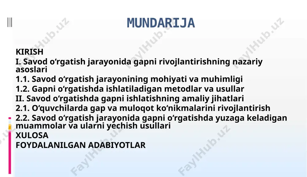amaliy jihatlarini o‘rganish, o‘quvchilarda gapni to‘g‘ri va samarali ishlatish ko‘nikmalarini rivojlantirish uchun metodik tavsiyalar ishlab chiqishdir. shu bilan birga, o‘quvchilarning tilni anglash va ifodalash qobiliyatlarini rivojlantirishga ko‘maklashish. mavzuning vazifalari: savod o‘rgatish jarayonida gapni o‘rgatishning nazariy asoslarini tahlil qilish: gapni o‘rgatishda foydalaniladigan metodlar, usullar va ularning ta’lim jarayonidagi o‘rni. o‘quvchilarda gapni to‘g‘ri ishlatish ko‘nikmalarini rivojlantirish metodlarini aniqlash: gapni o‘rganishda yordam beradigan eng samarali metodlarni aniqlash va ularni o‘quvchilarga tatbiq etish. savod o‘rgatish jarayonida yuzaga keladigan muammolarni aniqlash va yechimlar ishlab chiqish: nutqiy xatoliklar, talaffuzdagi muammolar va ularni tuzatish usullarini o‘rganish. o‘quvchilarda gapni ishlatish ko‘nikmalarini rivojlantirishning amaliy usullarini ishlab chiqish: o‘quvchilarning gapni ishlatish ko‘nikmalarini rivojlantirish uchun amaliy mashqlar va treninglar ishlab chiqish. o‘qituvchilarga metodik tavsiyalar berish: savod o‘rgatish jarayonida gapni o‘rgatish bo‘yicha o‘qituvchilarga amaliy ko‘rsatmalar va tavsiyalar tayyorlash. dolzarbligi. savod o‘rgatish jarayonida gap ustida ishlash dolzarb masala hisoblanadi, chunki nutq va yozma ko‘nikmalarni rivojlantirish ta’limning asosiy vazifalaridan biridir. zamonaviy ta’lim tizimida o‘quvchilarning …