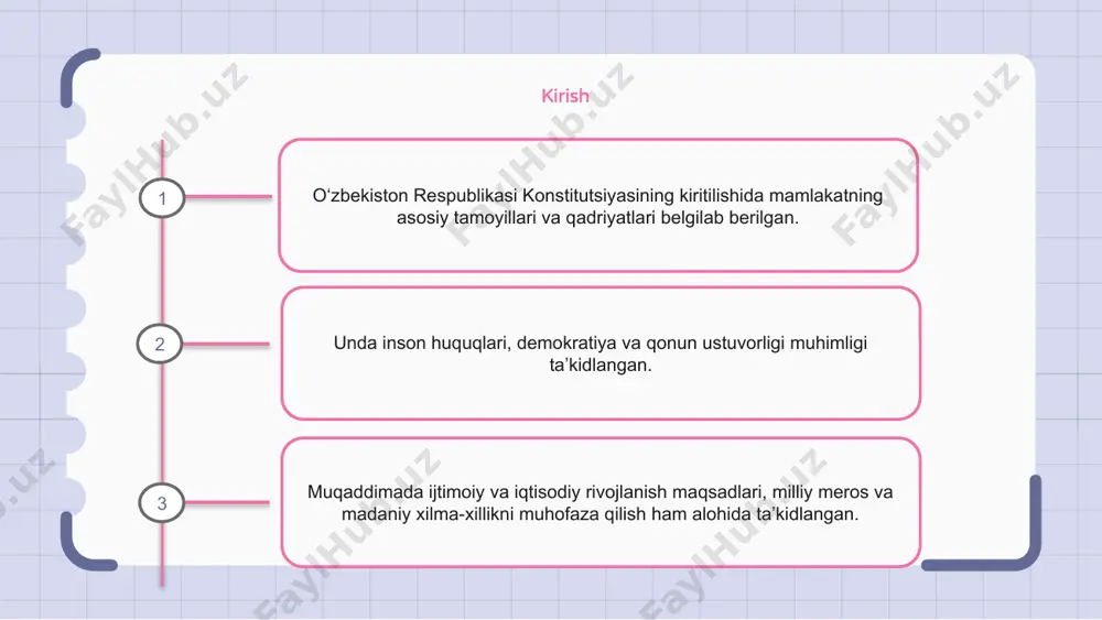 malalardan himoyalanish huquqiga ega. shuningdek, konstitutsiya so‘z, yig‘ilishlar va uyushmalar tuzish erkinligini ta’minlab, fuqarolarga o‘z fikrini bildirish va davlat ishlarida ishtirok etish imkonini beradi. boshqaruv va boshqaruvga ta'siri o‘zbekiston respublikasining yangi konstitutsiyasi davlat boshqaruvi va boshqaruviga katta ta’sir ko‘rsatdi. konstitutsiyada demokratik institutlarni mustahkamlash, qonun ustuvorligini ta’minlashga qaratilgan turli islohotlar amalga oshirildi. bu islohotlar mustaqil sud hokimiyatini o‘rnatish, inson huquqlarini himoya qilish, hokimiyatni markazsizlashtirishni o‘z ichiga oladi. 1 2 3 iqtisodiyot uchun oqibatlari o‘zbekiston respublikasining yangi konstitutsiyasi iqtisodiyot uchun katta ahamiyatga ega. konstitutsiyada iqtisodiy o‘sish va farovonlikka ko‘maklashishga qaratilgan qator islohotlar kiritilgan. bu islohotlar xorijiy investitsiyalarni rag‘batlantirish, ishbilarmonlik muhitini yaxshilash, mulk huquqlarini himoya qilishni kuchaytirishga qaratilgan chora-tadbirlarni o‘z ichiga oladi. xulosa o‘zbekiston respublikasining yangi konstitutsiyasi uzoq davom etgan islohot va modernizatsiya jarayonining yakunini ko‘rsatadi. bu barcha fuqarolarning huquq va erkinliklarini kafolatlash, shuningdek, mamlakatimizda demokratik institutlarni mustahkamlash yo‘lidagi salmoqli qadamdir. konstitutsiya xalq irodasini o‘zida aks ettirib, yanada inklyuziv va obod o‘zbekiston uchun …
