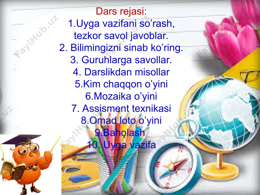 10/421 6300 darslikdan misollar 816,817,818-misollar -2+(-11)= -17+(-13)= -12+(-8)= -13 -30 -20 № 816 № 817 -1,7+(-1,3)= -2,8+(-3,2)= -8,4+(-1,6)= -3 -6 -10 №818 №819 to’g’ri tengsizlik hosil bo’lishi uchun (*) o’rniga “ > “ yoki “ -29 -35 -200 10,5 = 10,5 “kim chaqqon” o’yini berilgan son qarama-qarshi son teskari son javoblar eng kichik tub son ko’paytmasi 1ga teng bo’lgan 2 ta songa nima deyiladi chizmadagi o’lchamning haqiqiy o’lchamga nisbatiga nima deyiladi ikki nisbatning tengligiga nima deyiladi uchburchak tomonlariga ko’ra va burchaklariga ko’ra qanday turlarga bo’linadi uchburchakning ichki burchaklari yig’indisi necha gradusga teng biror miqdor k marta ortganda 2-miqdor k marta kamaysa bunday miqdorlar… test to’g’ri ifodani ko’rsating. 8/17 ga qarama-qarshi sonni toping a) 18/17 b) 17/8 c) -8/17 1 ball amaliy ko’nikma yi’g’indini hisoblang. 1) -2,3+(-3,7)= 2) -1,35+(-4,65)= 2 ball simptom nuqtalar o’rnini to’ldiring: bir miqdor k marta ortganda ikkinchi bir miqdor ham k marta ortsa bunday miqdorlar……….. 1 ball …