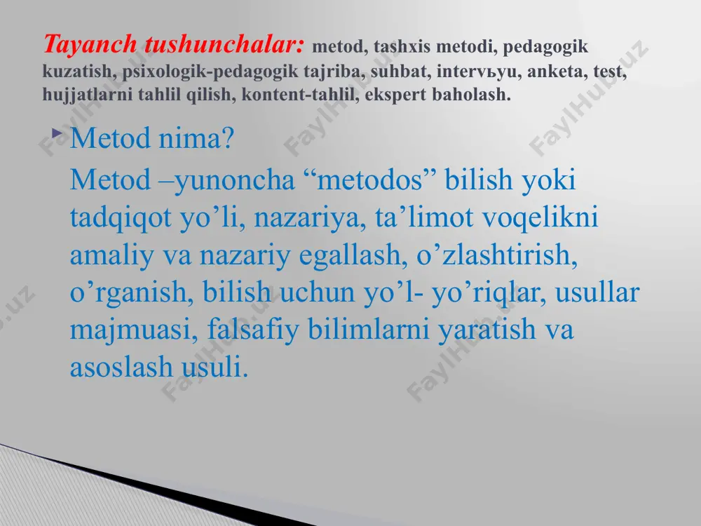 tajribaning maqbul loyiha (dastur) asosida uyushtirilishi; tadqiqot ilmiy farazining puxta asoslanishi; tadqiqot ob’ektlari va usullarining to’g’ri tanlanishi; tajriba o’tkazilish vaqti, davomiyligining aniqlanishi; zarur pedagogik shart-sharoitlar (asbob-uskuna, jihozlar, vositalar)ning yaratilganligi; tajriba ma’lumotlarini umumlashtirish, tahlil qilish, natijalarni qayta ishlashning to’g’ri amalga oshirilishi. pedagogik tajriba yakunida olingan natijalarga asoslanib umumiy xulosaga kelinadi va ilmiy-metodik tavsiyalar ishlab chiqiladi pedagogik tajribaning samaradorligi quyidagi shartlarga rioya etish asosida ta’minlanadi: mazkur metod pedagogik kuzatish chog’ida qo’lga kiritilgan ma’lumotlarni boyitish, vaziyatga to’g’ri baho berish, muammoning yechimini topishga imkon beradigan pedagogik shart-sharoitlarni yaratish, tajriba-sinov ishlari sub’ektlarining imkoniyatlarini muammo yechimiga jalb etishga xizmat qiladi. suhbat metodi –savol va javob shaklidagi dialogik xarakterga ega ta’lim metodi. suhbat shakllarda o’tkaziladi. individual guruhli ommaviy maqsaddan kelib chiqqan holda suhbat uchun belgilanuvchi savollarning mazmuni aniqlash, savollar o’rtasidagi mantiqiylik, izchillikni taminlash; suhbat joyi va vaqtini aniq belgilash; suhbat ishtirokchilarining sonini aniqlashtirish; suhbatdosh to’g’risida avvaldan muayyan ma’lumotlarga ega bo’lish; suhbatdosh bilan munosabatning samimiy bo’lishiga erishish; suhbatdoshning …