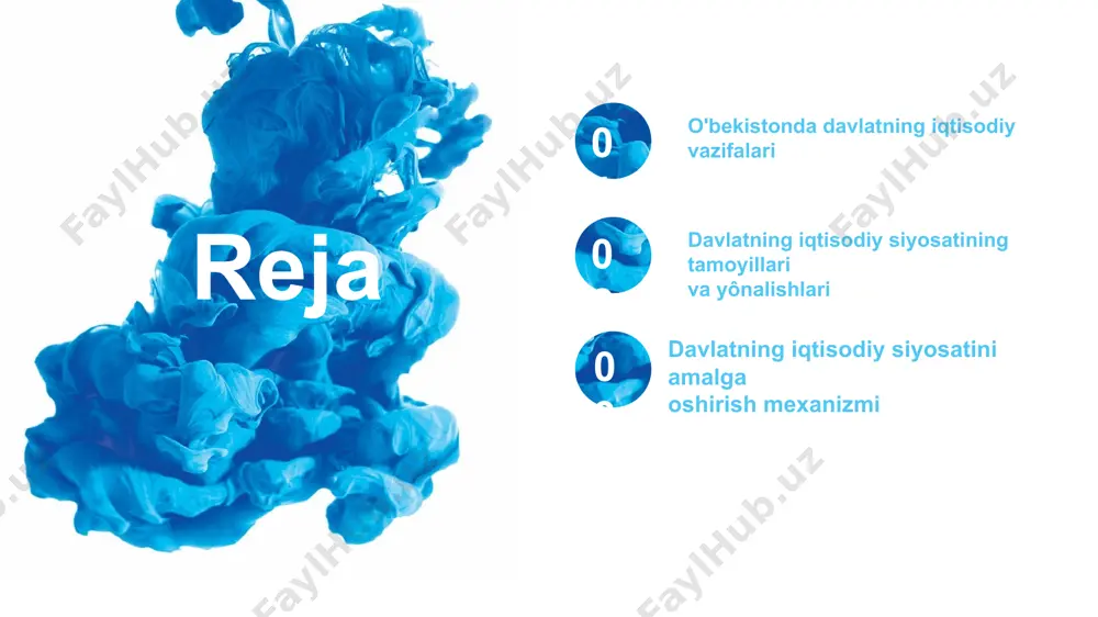 ning huquqiy asoslari, o‘ziga xos bozor shartsharoitlarini vujudga keltirish va tasdiqlash o‘zbekiston respublikasida davlat bosh islohotchi sifatida quyidagi vazifalarni amalga oshirishi maqsadga muvofiqdir: bozor iqtisodiyotiga o‘tish sharoitlarida kishilarning iqtisodiy erkinliklari kafolatlangan bo'lishi. tartibga solinadigan bozor sharoitida asosiy maqsad yo‘nalishlarini ishlab chiqish, ijtimoiy-iqtisodiy islohotlami amalga oshirishning bosh yo‘lini belgilash va bu yo‘lni o‘tkazish yuzasidanchora-tadbirlar ishlab chiqish ijtimoiy muammolami hal qilish, aholini ijtimoiy himoyalashning samarali, aniq va ravshan tizimini vujudga keltirish vujudga kelayotgan ishbilarmonlik tizimlarining qaror topishi va rivojlanishiga ko‘maklashish. davlat siyosatining muvaffaqiyati jamiyat ehtiyojlari va ulami qondirish vositalarini aniqlash uchun real holatni aniq belgilash va iqtisodiy bilimlar darajasiga bog‘liqdir. davlat iqtisodiy siyosatining prinsiplari quyidagilarda ifodalanadi: iqtisodiyotning samaradorlik prinsipi. mavjud resurslar hisobiga ko‘p miqdorda ne’matlar yoki kam sarf-xarajatlar evaziga ko‘p miqdorda mahsulotlar ishlab chiqarish title text addition the user can demonstrate on a projector or computer, or print the presentation and make it film davlatning iqtisodiy strategiyasining muhim turlari quyidagilardan iborat: 1)rivojanishning …