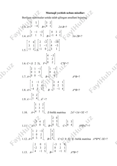mustaqil yechish uchun misollar: matritsa amallari — DOCX