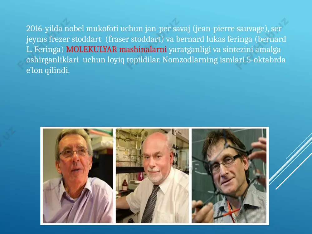 adi. mukofotni laureatlarga shvetsiya qiroli karl gustav xvi topshiradi. sovet ittifoqining yagona nobel mukofoti sohibi - nikolay semyonovdir. u 1956-yilda angliyalik siril xinshilvud (cyril hinshelwood) bilan kimyoviy o´zgarishlar mexanizmlarini tadqiq etganliklari uchun ushbu mukofotni olishgan. semyonovning asosiy hissasi shundan iboratki, u zanjirli reaksiyalar nazariyasini yaratgan. rossiya fanlar akademiyasining fizikaviy kimyo instituti uning nomi bilan ataladi. molekulyar mashinalarning sintezi- organik kimyodagi yagona soha emas, uni molekulyar darajadagi muhandislik deb qarash mumkin, bunda insonlar molekulalar dizaynini noldan boshlashadi va ko´zlangan molekulani yaratmaguncha hotirjam bo´lmaydilar. tabiatda albatta bunday molekulalar mavjud (masalan, hujayra oqsillari- miozin, kinezin, yoki ribosomalar) bo´lib, bu darajadagi murakkab molekulalar yaratish uchun insonlardan ancha mehnat talab etiladi. shuning uchun hozircha molekulyar mashinalarni- boshidan oxirigacha inson aqlining mevasi, tabiatga taqlid etish yoki kuzatiladigan tabiiy hodisalarni tushuntirishdan iborat deyish mumkin. demak, bu yerda shunday molekulalar haqida gap ketyapdiki, bu molekulaning bir qismi boshqa qismiga nisbatan tashqi ta´sir va issiqlik ta´sirida nazorat qilinadigan darajada …