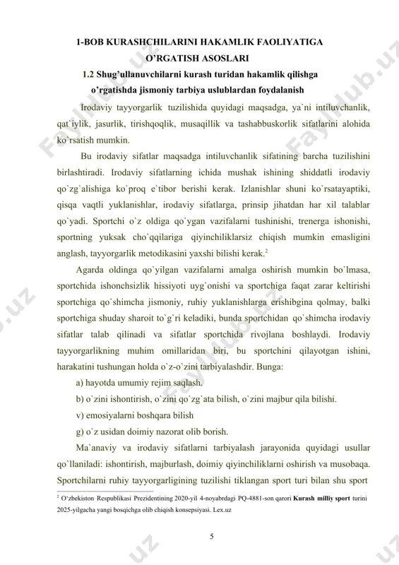 viy qo`zg`alishiga ko`proq e`tibor berish kerak. izlanishlar shuni ko`rsatyaptiki, qisqa vaqtli yuklanishlar, irodaviy sifatlarga prinsip jihatdan har xil talablar qo`yadi. sportchi o`z oldiga qo`ygan vazifalarni tushinishi, trenirga ishonishi, sportning yuksak cho`qqilariga qiyinchiliklarsiz chiqish mumkin. agarda oldinga qo`yilgan vazifalarni amalga oshirish mumkin bo`lmasa, sportchidan ishonchsizlik, hissiyot uyg`onishi va sportchiga faqat zarar kelitirishi mumkin. bu qiyinchiliklarni mashg`ulot jarayoniga kiritish sportchiga qo`shimcha jismoniy, ruhiy yuklanishlarni erishibgina qolmay balki sportchiga shunday sharoit tug`iladiki, bunda sportchidan qo`shimcha irodaviy sifatlar talab qilinadi va bu sifatlar sportchida rivojlana boshlaydi. irodaviy tayyorgarlikni muhim omillaridan biri, bu sportchini qilayotgan ishini, harakatini tushungan holda o`z- o`zini tarbiyalashdir. bunda: a) hayotda umumiy rejimni saqlash; b) o`zini ishontirish, o`zini qo`zg`ata bilish, o`zini majbur qilish; v) hissiyotlarni boshqara bilish; g) o`z usidan doimiy nazorat olib borish: ma`naviy va irodaviy sifatlarni tarbiyalash jarayonida quyidagi usullar qo`llaniladi: ishontirish, majburlash, doimiy qiyinchiliklarni oshirish va musobaqa. sportchilarni ruhiy tayyorgarligining tuzilishi tanlangan sport turi bilan, shu sport turi …