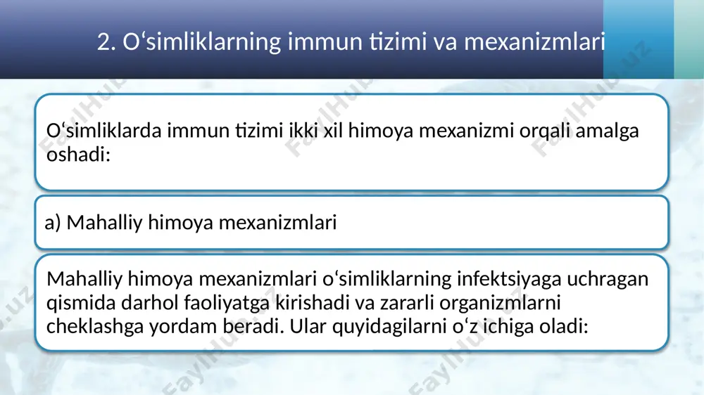 k mahsulotlarining sifatini oshirishga erishiladi. 2. genetik seleksiya va biotexnologiyalar: genetik seleksiya yordamida isr va sar uchun javobgar bo‘lgan genlarni aniqlash va faol navlarni yaratish tizimli immunizatsiyani kuchaytirishga yordam beradi. biotexnologiya vositalari (masalan, crispr) orqali tizimli immun javobni kuchaytiruvchi genlarni faollashtirish va patogenlarga chidamli o‘simliklarni yaratish istiqbollari mavjud. 3. ekologik va biotexnologik integratsiya: tizimli immunizatsiyani biotexnologiya va ekologik qishloq xo'jaligi bilan integratsiya qilish orqali o‘simliklarning immunitetini rivojlantirish va barqaror qishloq xo‘jaligini yaratish mumkin. tizimli immunizatsiya o'simliklarning tabiiy himoya tizimlarini kuchaytirib, qishloq xo'jaligi uchun muhim imkoniyatlar yaratadi. ekologik xavfsizlikni ta'minlash, iqtisodiy foydalarni oshirish va kelajakda qishloq xo'jaligi mahsulotlarining sifatini yaxshilashda tizimli immunizatsiya katta istiqbolga ega. tizimli immunizatsiya o‘simliklarning patogenlar va zararkunandalarga qarshi kurashish qobiliyatini oshiruvchi muhim mexanizmdir. u induksiyalangan tizimli chidamlilik (isr) va tizimli sotib olingan chidamlilik (sar) kabi ikki asosiy jarayondan iborat. isr jarayoni foydali mikroorganizmlar va o‘simliklar o‘rtasidagi o‘zaro ta’sirga asoslangan bo‘lib, himoya signalizatsiyasini faollashtiradi. sar esa patogen hujumidan …