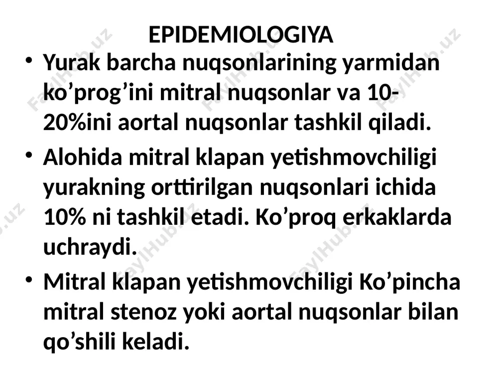 rillash aniqlanishi mumkin. tukkilatish – yurakning nisbiy bo`g`iqlik chegaralari yuqori va chapga siljigan, yurak beli silliqlashgan mitral klapan yetishmovchiligida cho’qqi turtkisi chapga siljigan, kuchaygan va tarqalgan mitral klapan yetishmovchiligida yurak mitral konfiguratsiyasi (mitral configuration) auskultasiya klapanlar to’liq yopilmasligi natijasida i ton cho`qqida susayadi yoki umuman yo’qoladi ii ton yaqqol o`pka gipertenziyasi bo`lmasa o`zgarmaydi, diastola vaqtida patologik iii ton eshitilishi mumkin (so’rg’ich mushaklar to’satdan tortilishi natijasida) yurak cho`qqisida sistolik shovqin bo`lib, u golosistolik, i va ii tonlarni qamrab oladi. mitral klapanninig oldingi tavaqasi zararlanganda chap qo`ltiq osti sohasigacha tarqaladi mitral klapanninig orqa tavaqasi zararlanganda to’sh suyagining chap qirrasi bo’ylab tarqaladi mitral klapan yetishmovchiligida sistolik shovqinning eshitilish va tarqalish nuqtasi diagnostika fkg ekg ko’krak qafasi rentgenografiyasi exokg ) i ton amplitudasi pasaygan, yo`qolib boruvchi tasmasimon sistolik shovqin, iii ton (strelka bilan ko`rsatilgan). mitral klapan yetishmovchiligida fonokardiogramma (yurak cho`qqisidan) mitral klapan yetishmovchiligida ekg belgilari chq gipertrofiyasi; chb gipertrofiyasi klapan strukturasi buzilishi (tavaqalar qalinlashishi, …