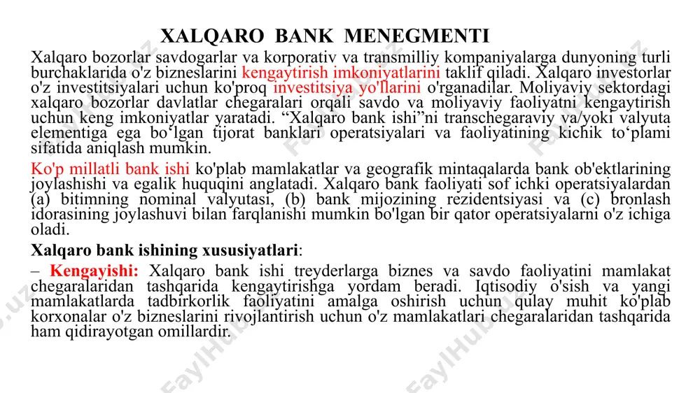 eldi. – huquqiy va me’yoriy baza: moslashuvchan huquqiy va me’yoriy baza treyderlar investorlarni xalqaro bozorlarga chiqishga undaydi. biznesni yo'lga qo'yish uchun tezkor rozilik, murakkab muvofiqlik talablari va barqaror siyosiy vaziyatlar ko'plab yangi o'yinchilarga o'z faoliyatini kengaytirish uchun bir qator davlatlarga kirishga yordam beradi. bundan tashqari, soliq stavkalari kamroq yoki soliq to'lanmasligi sababli, ba'zi soliq jannatlari muhim rol o'ynaydi. off-shore bank markazlari sifatida ko'plab xalqaro bank bo'linmalarini off-shore markazlarida o'z filiallarini ochishga undaydi. – kapitalning narxi: korxonaning operatsion samaradorligi kapitalning o'rtacha qiymatiga bog'liq. ko'pgina kompaniyalar bunday bozorlarda kapitalning arzonligi afzalliklaridan foydalanish uchun yangi rivojlanayotgan bozorlarga kirishadi. banklar moliyaviy vositachi sifatida mablag'lar manbai sifatida muhim rol o'ynaydi. banklar o'zlarining kasbiy mahoratlari orqali xalqaro bozorlarda arbitraj imkoniyatlaridan foydalanadilar va o'z daromadlarini oshiradilar. – joriy hisob va kapital hisobi operatsiyalari: banklar eksport va import savdosida hal qiluvchi rol o'ynaydi. har xil turdagi moliyaviy va nomoliyaviy yordam ko'rsatish orqali banklar turli mamlakatlarda biznes yuritayotgan korxonalar, …