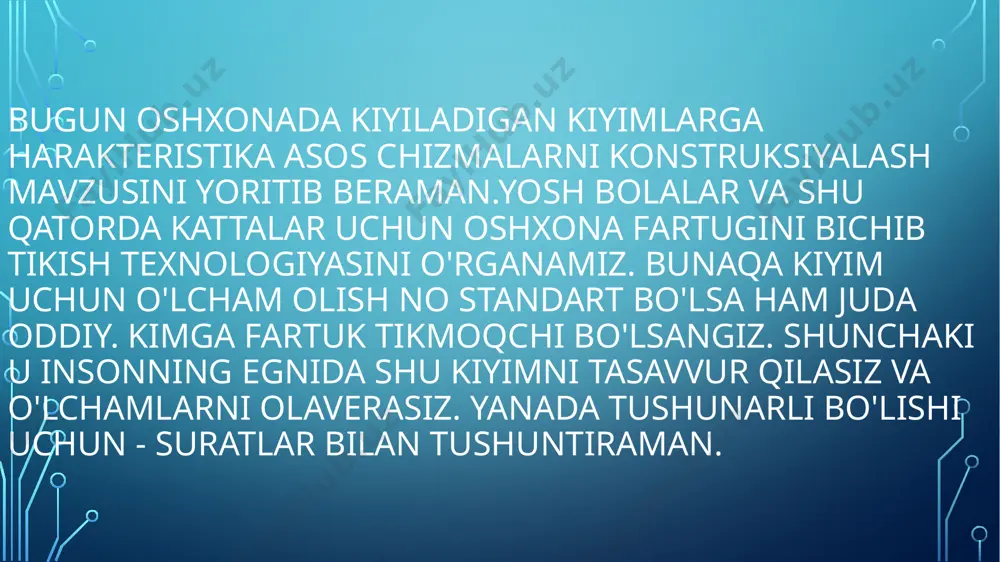 ), xamda bezak gazlamalardan (tasma, tо‗r, lenta vaxo kazo) foydalaniladi. bezakning chiroyli turlaridan biri kashta, applikatsiya xisoblanadi. bezaklarni kо’proq asosiy yoki bezak gazlamalardan foydalanib ishlanadi. bularga: burmalar, ryush, volanlar, adiplar, mayda taxlamalar, chо’ntaklar, yelka bandlar kiradi. gazlama rangida yoki kontrast rangda berilgan bezak baxya qatorxam kiyimni bezatadi. oshxonada kiyiladigan kiyimlarga harakteristikasini konstruksiyalash e’tiboringiz uchun rahmat image3.png image4.png image5.png image6.png image7.png image8.png image9.png image10.png image11.png image2.png /docprops/thumbnail.jpeg