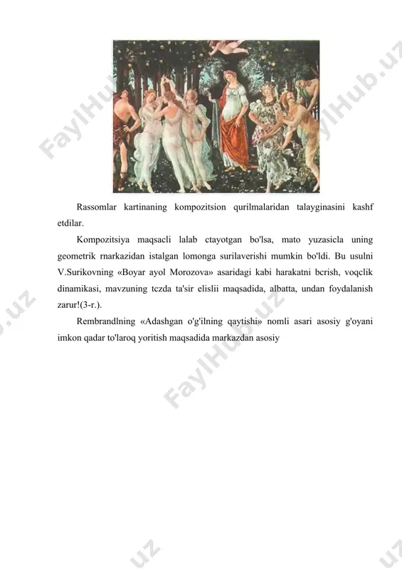 a uringanlar. ikompozitsiyaning yana bir qonuniyatlaridan biri bu «oltin kesishtna»dir. oltin kesishma - mutanosiblikning uyg'unligini izlash uchun qulay bo'lgan usuldir. u quyidagi formula bo'yicha quriladi -yaxlillik o'zining kalla qismiga, katla qism esa yaxlitlikning kicliik qismiga aloqadordir. xuddi shu formuladan logarifmik spiral yuzaga kelib u kattalashish davomida ham o'z shaklini o'zgarlirmaydi. kartinacla ikki yoki ko'p sonli kompozitsiya markazlaridan foydalanish maqsadida rassomlar unda bo'lib o'tayotgan bir necha voqealarni va ahamiyali jihaldan bir vaqlda leng va e'liborli qilib tasvirlashda foydalanadilar. vclaskcsning «meninlar» kartinasini va uning qurilmasini ko'rib chiqamiz (70a-r., 70-r.). kartinarii bitta markaziy kompozitsiyasi -janjalkash yosh meninning freylinlari unga ikki tomonclan engashgan. kartinaning geomctrik markazida ikkita bir xil o'lchamda dog" luribdi va ular o'zaro jipslashgan. bir-biri bilan go'yo yorug' va qorong'udck qarama-qarslii. ikkovidan biri oq, boshqasi qora bo'lgan tashqi olamga mansub. tashqi dunyoga chiqishning yagona va haqqoniy eshigi - quyosh in'om etgan nurlar bo'lib. yana bin - malika siymosi aks clib turgan ko'zgudir. …