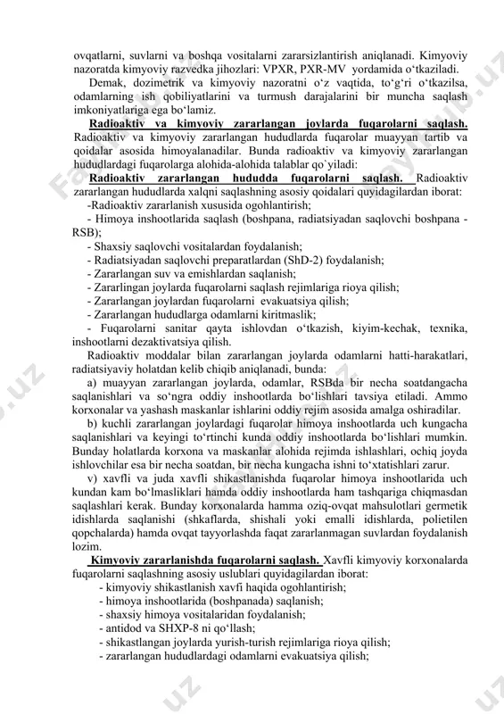 yoviy holatni baholash - rq va ktq omillarining asosini tashkil etib, uni о‘tkazishdan maqsad: · fuqaro muhofazasi tizimlariga kiruvchi fuqarolarning ishlash qobiliyatlarini baholash; · ishchi xizmatchilarning ish faoliyatlarini baholash va ulardan foydalanish chegaralari; · evakuatsiya davrida tibbiy yordam kо‘rsatish hajmi; · fuqarolarni sanitar - qayta ishlovdan о‘tkazish hajmi; · jihozlarni, transport vositalarini, shaxsiy saqlovchi vositalarni, kiyim-kechaklarni, ish joylarini dezaktivatsiya va degazatsiya qilish; · radiatsiyaviy-kimyoviy zararlangan hududlarda qolgan suv, yem, oziq-ovqat va boshqalarni qayta ishlab foydalanish. dozimetrik va kimyoviy holatni baholash - obyektning fuqarolar muhofazasi shtabi, uning tizimlari, jumladan razvedka bо‘limlari amalga oshiradi (ya’ni radiatsiyaviy, kimyoviy va umumiy razvedka bо‘limlari). oziq-ovqatlar, suv va yemlarning zararlanish darajasi radiometrik va kimyoviy laboratoriyalarda aniqlanadi. dozimetrik baholashda odamlarni va yer usti jinslarini radiatsiya nurlari bilan nurlanganligi hamda zararlangan joylarda odamlarning olgan nur dozalari aniqlanadi. nurlanganlik darajasi guruh holda hamda yakka tartibda tekshiriladi. guruhni tekshirishda, tizimlar, sexlar bо‘yicha odamlarning olgan nur dozalarini hamda ularning ishlash qobiliyatlari …