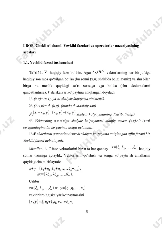 2. yevklid fazosida x vektorning uzunligi deb (4) songa aytiladi. x vektorning uzunligini bilan belgilaymiz. vektorlar orasidagi burchak, vektoning uzunligi hamda vektorlarning skalyar ko‘paytmalari odatdagi munosabatlar bilan bog‘langan: vektorlarning skalyar ko‘paytmasi ularning uzunliklari ko‘paytmasi bilan ular orasidagi burchak kosinusi ko‘paytmasiga teng. ammo bu jumladagi «vektorlar orasidagi burchak» so‘zlaridan tashqari hamma so‘zlarning ma’nosi bizga tushunarli bo‘lishi uchun quyidagi ta’rifni beramiz. ta’rif-3. x va u vektorlar orasidagi burchak deb songa aytamiz, ya’ni (5) deb qabul qilamiz. agar x va u vektorlar orasidagi burchak ga teng bo‘lsa, ya’ni (x,u)=0 bo‘lsa, x va u vektorlar ortogonal vektorlar deyiladi. kiritilgan tushunchalar yordami bilan elementar geometriyaning qator teoremalarini yevklid fazosiga ko‘chirish mumkin. bir misol ko‘rib chiqaylik. agar x va u vektorlar ortogonal vektorlar bo‘lsa, u holda x+u vektorni tomonlari x va u bo‘lgan to‘g‘riburchak deb hisoblash tabiiydir. endi ekanini, ya’ni to‘g‘ri to‘rtburchak diogonali uzunligining kvadrati, uning parallel bo‘lmagan ikki tomoni uzunliklari kvadratlari yig‘indisiga teng (pifagor teoremasi) …