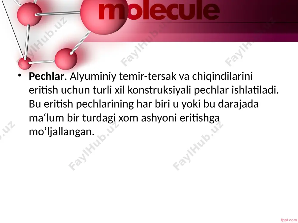 yuklashlarni sonini kamaytirish, mehnat unumdorligini oshiradi, issiqlikni isrof bo’lishini kamaytiradi. minorali pech balandligi 4 m bo’lgan minoradan, minora ko’ndalang novlar bilan birlashtirilgan, ikkita hajmi 4 tonnali kopilnik - vannadan tashkil topgan. ko’ndalang novlar orqali erigan metall kopilnik-vannaga oqib o’tadi. image2.png image3.jpeg image4.jpeg image1.jpeg /docprops/thumbnail.jpeg