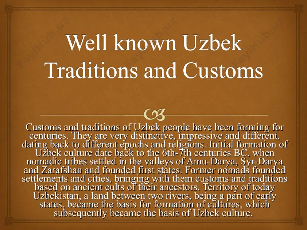 the extension of islam throughout central asia. islam traditions were closely intertwined with local culture and firmly settled in the mode and minds of uzbek people. uzbek customs centuries-old customs and traditions of uzbek people are carefully maintained and passed on from generation to generation. like many asian nations, most festive uzbek customs are related with major family celebrations: births and weddings. these events include many rites and rituals, involving parents, children, brothers, sisters, immediate and remote relatives as well as neighbors and guests. each one has its own role. uzbek traditions are based on hospitality, respect for elders, observance of rules of the koran. traditions customs and traditions of uzbekistan traditions and customs of uzbek people have formed over centuries. they are quite original, bright and diverse, and go back to different ages and religions. a large number of rituals associated with birth and raising a child, weddings, engagements, …