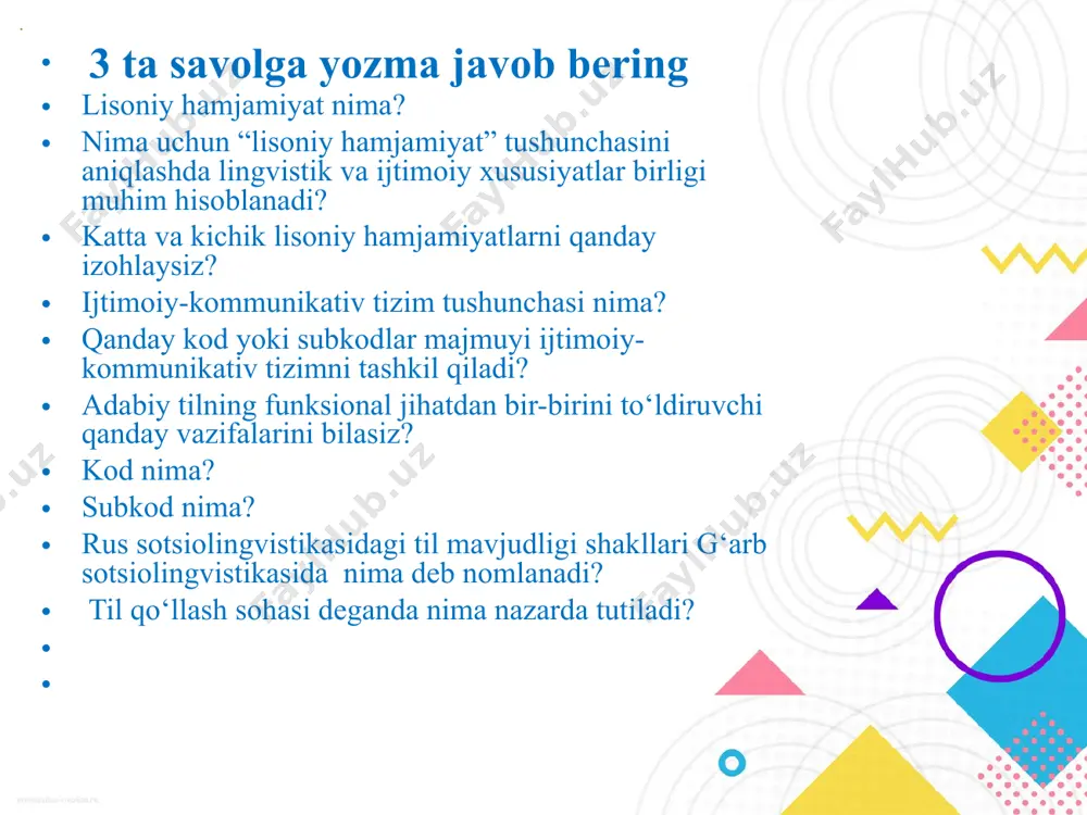 n! hoy, sotti! bir vaqt o`zing ham kapchonniy kolbasaga boshqorong’i bo`luvding shekilli? bugundan boshlab ikki oy "shpion"likdan otpuskaga chiqasan! sening vazifang shu: har kuni uch marta "gamburger" restoraniga borasan. o`zing tepasida turib, svejiy sosiskadan "xot-dog" pishirtirasan. o`zing obkelib nigoraga yedirasan! uqdingmi? (o`.hoshimov). . ekstralingvistik vositalar deganda nima tushuniladi? paralingvistik vositalar deganda nimani tushunasiz? ekstralingvistik va paralingvistika hodisasiga munosabatingiz? nutqda me'yor tushunchasini qanday tushunasiz? noverbal vositalarning xoslanishini izohlang? so`z ma'nolari matnda qanday xususiyatlarga ega bo`ladi? ayol va erkak nutqining o`ziga xos xususiyatlari nimada? salomlashish odobi to`qrisida nimalar deya olasiz? o`zbek erkak kommunikantlari uchun xos bo`lmagan noverbal xususiyatlarga nimalar kiradi? o`zbek xotin-qiz kommunikantlari uchun xos bo`lmagan noverbal xususiyatlarga nimalar kiradi? nima sababdan inson nutqi doimo jamiyatning diqqat markazida bo`lib kelgan? keksalar va yoshlar nutqida qanday farqlar mavjud? sotsiolingvistikada lingvistik tushunchalar 1.til me’yori 2.nutqiy muloqot 3. nutqiy muomala 4. nutq akti image3.jpg image1.jpg image4.jpeg image5.jpeg image2.png