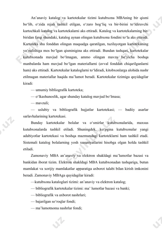 ’lumotnoma nashrlar fondi; — faktografik qidiruv tizimi; — yagona alifbo-predmet ko‘rsatkichi va mba. elektron katalog bilan bir qatorda an’anaviy kataloglar tuzish davom etmoqda, chunki ularning har biri o‘z vazifasiga ega. an’anaviy katalog kutubxona tashkil etilgandan beri tashkil etilayotgan bo‘lsa va shu davr ichidagi fondni aks ettirsa, elektron kataloglar deyarli barcha kutubxonalarda 1994- yildan beri yoki elektron katalog uchun dastur olingan yildan boshlab tashkil etilmoqda. u kutubxonalararo va xalqaro miqyosda axborot almashuv imkonini beradi. kartotekalar tizimida ham elektron ma’lumotlar bazasi paydo bo‘la boshladi. undagi bibliografik yozuvlar ma’lum bir yildan boshlab tanlangan vaqtli matbuot nashrlari va to‘plamlardan olingan hujjatlarga beriladi. rossiya kutubxonalari hududiy doirada bir necha kutubxonalar birgalikda «o‘lka» nomi bilan yig‘ma kartoteka ham tashkil etmoqda. unda viloyat, shahar, tuman haqidagi hujjatlar aks etgan, bu keyinchalik bosma ko‘rinishdagi o‘lkashunoslik qo‘llanmasini nashrdan chiqarishga olib keladi. ba’zi kutubxonalar birgalikda umumiy kartotekani korporativ asosda tashkil etganlar. ular o‘zlari obuna bo‘lgan yoki ishlayotgan vaqtli matbuot nashrlarini …