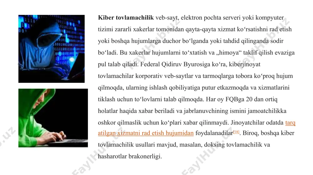 aridan odatda foydalaniladi. ko'rilgan zarar asosan psixologik va moddiy bo'lmagan, variantlarga qarshi qonuniy choralarni yanada qiyinlashtirmoqda. bu oflayn dunyoda asrlar davomida mavjud bo'lgan jinoyatlar. firibgarlar, o'g'irlik va shunga o'xshash narsalar yuqori texnologik uskunalar ishlab chiqarilishidan oldin ham mavjud edi. xuddi shu jinoyatchiga qurbonlarning potentsial havzasini ko'paytiradigan va ularni izlashni va ushlashni qiyinlashtiradigan vosita berilgan. e’tiboringiz uchun rahmat! image3.png image4.png image5.png image6.png image7.png image8.png image9.png image10.png /docprops/thumbnail.jpeg