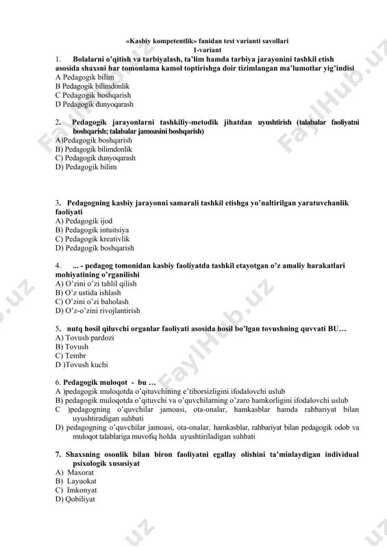 iyat bilan uyushtiradigan suhbati d) pedagogning o’quvchilar jamoasi, ota-onalar, hamkasblar, rahbariyat bilan pedagogik odob va muloqot talablariga muvofiq holda uyushtiriladigan suhbati 7. shaxsning osonlik bilan biron faoliyatni egallay olishini ta’minlaydigan individual psixologik xususiyat a) maxorat b) layuokat c) imkonyat d) qobiliyat 8. ……….. – nutq hosil qiluvchi organlar faoliyati asosida hosil bo’lgan tovushning sayqali, bezagi a) tovush pardozi b) tovush kuchi c) tembr d) tovush 9. ……….. (lot. “perceptio” – o’zlashtirish) – shaxsning ichki dunyosiga kira bilish, psixologik kuzatuvchanlik, o’quvchining psixik holatlarining nozik jihatlarini tushuna olish qobiliyati a psixologik kompetentlik b pedagogik qobiliyatni rivojlantirish c pertseptiv-pedagogik qobiliyatlar d psixologik kompetentlik 10. kasbiy faoliyatni tashkil etish jarayonida pedagog tomonidan o’zlashtirilgan orttirilgan bkm majmui bu... a) pedagogik tafakkur b) pedagogik takt c) pedagogik texnika d) pedagogik tajriba 11. pedagogik faoliyatda ilg’or tamoyil yoki g’oyani asoslash, yangi yo’l, usul yoki vositalarni tavsiya qilish, ularni amaliyotga tatbiq etishga qaratilgan ijodiy yondashuv bu....... a) pedagogik …