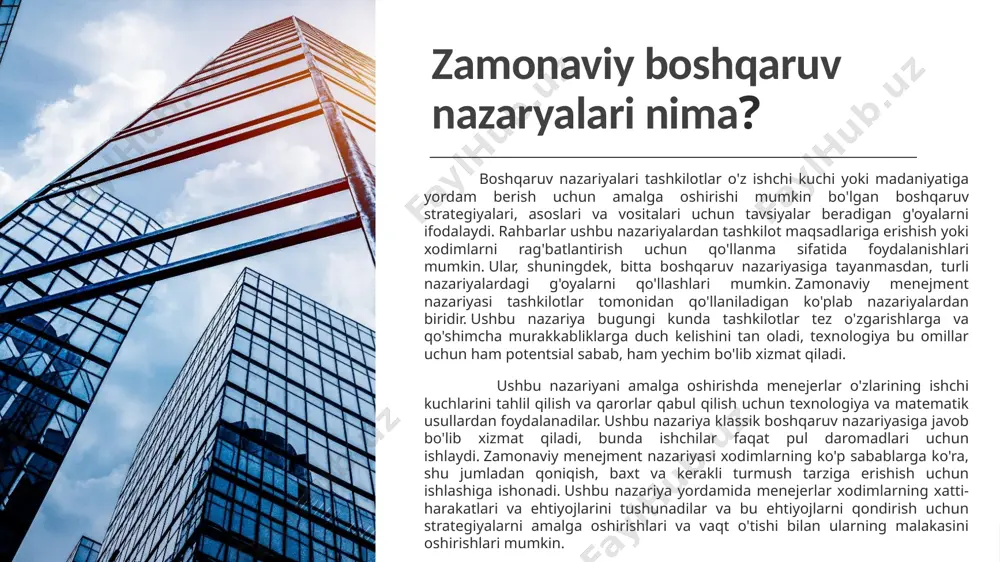 otivatsiyasini o'rganadi. ushbu nazariyadan foydalanadigan menejerlar keyinchalik xodimlarning turli ehtiyojlarini hisobga oladigan jarayonlar yoki protseduralarni aniqlashlari va amalga oshirishlari mumkin. agar xodimlar o'z ishidan qoniqish hosil qilsalar, bu ularning ma'naviyati va faolligini oshirishi va tashkilotda ishlashni davom ettirish istagini uyg'otishi mumkin. 4 ob'ektivlikni ta'minlaydi zamonaviy boshqaruv nazariyasi matematik usullardan foydalanishga urg'u beradi. ushbu usullar menejerlarga shaxsiy fikr yoki his-tuyg'ularga emas, balki ma'lumotlar va dalillarga asoslangan qarorlar qabul qilish imkonini beradi. ular, shuningdek, tashkilotni qaysi biri eng yaxshi qo'llab-quvvatlashini baholash uchun turli xil variantlarni sinab ko'rish imkonini beradi. 5 qaror qabul qilishga yordam beradi zamonaviy menejment nazariyalari ko'pincha menejerlarga tekshirishi kerak bo'lgan omillar haqida tushuncha beradi, ular o'z tashkiloti yoki bo'limini baholash uchun foydalanishi mumkin. menejerlar nimani izlash kerakligini bilishsa, bu ularga muammolarni aniqlashga va potentsial echimlarni topishga yordam beradi. matematik usullardan foydalanish, shuningdek, ushbu echimlar va yakuniy qarorlarni qo'llab-quvvatlash uchun ma'lumotlardan foydalanishga imkon beradi. 6 hosildorlikni oshiradi zamonaviy menejment nazariyasi …