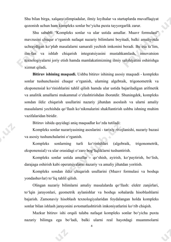 ruriyati va matematikadagi o‘rnini ochib berish. kompleks sonlarning algebraik, trigonometrik va eksponensial shakllarini o‘rganish. kompleks sonlar ustida bajariladigan amallar — qo‘shish, ayirish, ko‘paytirish va bo‘lish qoidalarini tahlil qilish. kompleks sonning modulini va argumentini aniqlash usullarini ko‘rsatish. muavr formulasining nazariy asosini yoritish va isbotini berish. muavr formulasidan foydalanib kompleks sonlarning darajaga ko‘tarilishi va ildiz chiqarilishi masalalarini yechish. kompleks sonlar va muavr formulasining fizika, texnika, tebranishlar nazariyasi va elektr zanjirlaridagi amaliy qo‘llanishlarini misollar orqali ko‘rsatish. bitiruv ishining predmeti. mazkur bitiruv ishining predmeti - kompleks sonlar nazariyasi, ular ustida amallarni bajarish qoidalari, muavr formulasi va uning yordamida kompleks sonlarni darajaga ko‘tarish hamda ildiz chiqarish jarayonlaridan iborat. bitiruv ishining ob’ekti. mazkur bitiruv ishining ob’ekti - kompleks sonlar, ularning algebraik va trigonometrik ko‘rinishlari, ular ustida amallar hamda kompleks sondan ildiz chiqarish jarayonidir. bitiruv ishining tadqiqot metodlari. ushbu bitiruv ishida quyidagi tadqiqot metodlaridan foydalanildi: nazariy tahlil – kompleks sonlarning paydo bo‘lish tarixi, nazariy asoslari va matematik …