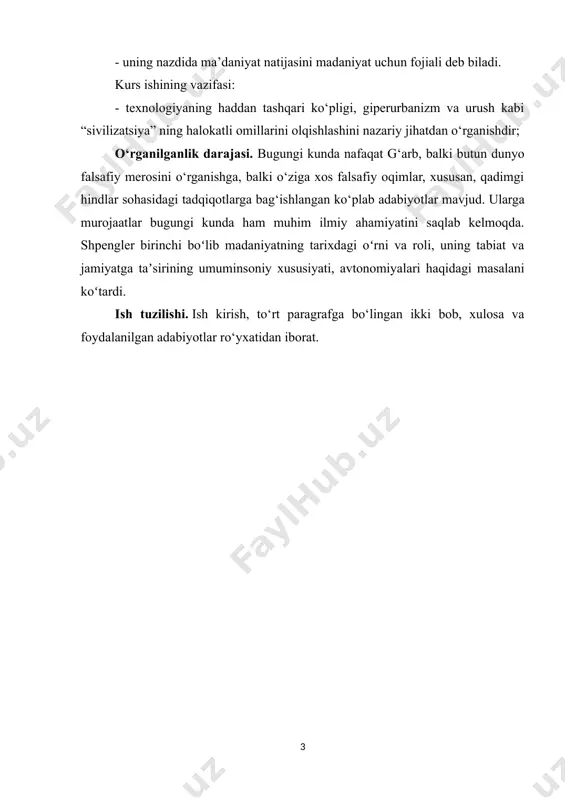 ish va kitob o‘qish imkonini beradigan meros oldi. biroq, u o‘zining ba’zilarini ham yozgan. bu unga shuhrat keltirdi. 1918-yilda “yevropaning tanazzulga uchrashi” chiqdi va butun evropa “porib ketdi”. g‘arbiy evropa tsivilizatsiyasining o‘limini bashorat qilgan spengler kitobining muvaffaqiyati ko‘pincha birinchi jahon urushini tushunganligi bilan bog‘liq. kitob o‘sha davrning fojiali ruhi bilan hamohang bo‘lib chiqdi. biroq, “yevropaning tanazzulida” asosiy narsa shpenglerning bashoratlari emas (ular ham amalga oshmadi), asosiysi - uning madaniyatlar tarixi haqidagi kontseptsiyasi va u o‘z nuqtai nazarini taqdim etgan tushunchalar va tasvirlar. spengler go‘zal falsafiy va badiiy asar yozgan. bu ilmiydan ko‘ra ko‘proq badiiydir. shu sababli, spengler bir necha bor qoralangan va hali ham tanqid qilinmoqda. u mohiyatan olim emas, xayolparast, deyishadi. unda dalil va ilmiy uslub yetishmaydi. anti-ilmni tanqid qilish o‘z ahamiyatini yo‘qotadi, chunki spengler fanni ko‘rdi. uning qarashi ilmiy bilishning qadimgi an’analariga qaytdi. va u chuqur falsafiy tayyorgarlikka ega edi. aynan uning kitobi madaniyat nazariyasi so‘zning zamonaviy evropa …