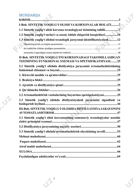 ladan, ko‘mir, biomassa yoki tabiiy gaz asosida, sun’iy yo‘l bilan olinadi va ular an’anaviy neft mahsulotlariga nisbatan barqarorroq va kamroq zarar yetkazuvchi alternativ hisoblanadi. sintetik yoqilg‘i ishlab chiqarishning muhim texnologik bosqichlaridan biri — bu distillyatsiya jarayonidir. ushbu jarayon aralashmalar tarkibidagi komponentlarni ularning qaynash haroratiga qarab ajratib olishga imkon beradi. distillyatsiya yoqilg‘i sifati, iqtisodiy samaradorlik va umumiy ishlab chiqarish unumdorligida muhim rol o‘ynaydi. biroq bu jarayon yuqori aniqlik va barqaror nazoratni talab qilgani uchun zamonaviy avtomatlashtirish vositalarini joriy etish bugungi kunda ayniqsa dolzarbdir. jarayonni avtomatlashtirish orqali inson omiliga bog‘liq xatoliklar kamayadi, ishlab chiqarish barqarorligi va mahsulot sifatini ta’minlash osonlashadi. avtomatik boshqaruv tizimlari yordamida harorat, bosim, oqim va boshqa muhim texnologik parametrlar doimiy nazorat ostida bo‘ladi. bu esa distillyatsiya jarayonining energiya samaradorligini oshirish, xavfsizlik darajasini yaxshilash va ishlab chiqarish xarajatlarini kamaytirishga xizmat qiladi. sintetik yoqilgi olishda distillyatsiya jarayonini avtomatlashtirish” mavzusi bilan prezident nutq va chiqishlaridan iqtiboslar keltirilgan. bu iqtiboslar asosan sanoatni raqamlashtirish, …