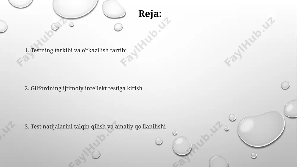 adaniyatlarida tekshirishga qaratilishi mumkin. kelajakdagi tadqiqotlar ijtimoiy aqlning miya faoliyati bilan bog'liqligi, masalan, fmri yordamida 200 nafar ishtirokchida miyaning prefrontal korteksining faolligini o'rganishga qaratilishi mumkin. ijtimoiy aqlning turli jihatlarini o'lchash uchun 3 omilli faktor tahlili va boshqa ilg'or statistik usullarni qo'llash orqali gilford sinovining ishonchliligini va haqiqiyligini oshirish mumkin. jamiyat intellekti gilford testining tarixi gilfordning ijtimoiy intellekt testi 1960-yillarda aqshda, psixologiya sohasidagi bir qator tadqiqotlardan so'ng ishlab chiqilgan bo'lib, 50 dan ortiq turli xil ijtimoiy vaziyatlarni baholashga qaratilgan. testning dastlabki versiyalari faqat ingliz tilida bo'lib, keyinchalik dunyoning 20 dan ortiq mamlakatiga tarjima qilingan va turli madaniy kontekstlarga moslashtirilgan. gilford testi ijtimoiy intellektni o'lchash uchun 12 ta asosiy omilni aniqlagan bo'lib, ular orasida empatiya, ijtimoiy sezgirlik va muloqot qobiliyatlari kabi jihatlar mavjud. testning o'lchov mezonlari va ballarni talqin qilish test natijalarini talqin qilishda, individual ballarni demografik omillar, masalan, yoshi va ta'lim darajasi (masalan, 12 yosh va undan yuqori), hisobga olinishi kerak, …