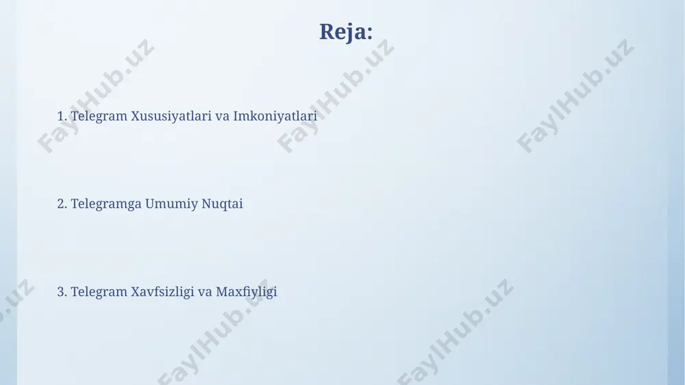 lanuvchiga ega bo'lgan telegram, moskva shahrida ishlab chiqilgan bo'lib, katta hajmdagi fayllarni almashish uchun ishonchli platformani taqdim etadi. telegram ovozli qo'ng'iroqlari 2021 yildan beri telegram ovozli qo'ng'iroqlariga video qo'ng'iroqlar funksiyasi qo'shildi. bu foydalanuvchilarga 1080p gacha bo'lgan yuqori aniqlikdagi videoda bir-biri bilan bog'lanish imkonini beradi. telegram ovozli qo'ng'iroqlari 2023-yilda dunyo bo'ylab 1 milliarddan ortiq foydalanuvchilar tomonidan 70 dan ortiq mamlakatda, jumladan, o'zbekistonda ham, faol ishlatilgan, bu uning yuqori ishonchlilik darajasini va keng qamrovini ko'rsatadi. telegram pul o'tkazmalari to'lovlarni amalga oshirish uchun telegram botlaridan foydalanish toshkent, samarqand va buxoro kabi yirik shaharlarda juda mashhur bo'lib, o'rtacha bir transaksion to'lov 10-20 so'mni tashkil etadi. telegram orqali pul o'tkazmalari 2023-yil holatiga ko'ra o'zbekistonda 100.000 dan ortiq foydalanuvchilar tomonidan muntazam ravishda amalga oshirilmoqda, bu esa milliy valyutada hisob-kitoblarni tezlashtiradi. telegram tarixi 2023-yil holatiga ko'ra, telegram dunyo bo'ylab 700 milliondan ortiq faol foydalanuvchiga ega bo'lgan va tezkor xabar almashish bozorida whatsapp, facebook messenger kabi yirik raqiblar …