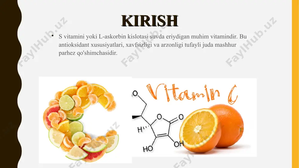 dagi yo'qotishlarni bug'lash yoki mikroto'lqinli pechda kamaytirish mumkin. * vitamin d kimyoviy tuzulishi s vitamini bilan zaharlanish s vitamini suvda eriydigan vitamin bo'lganligi sababli, uning ortiqcha qismi buyraklar tomonidan tanadan osongina chiqariladi. kundalik vitamin c tabletkalarini qabul qiladigan odamlar buning ko'p qismini siydik bilan yo'q qiladi. kuniga 1,5 grammgacha bo'lgan dozalar odatda ta'sirga olib kelmaydi. kuniga 2 grammdan boshlab bemorda kramplar, diareya va ortiqcha gaz bo'lishi mumkin. * xulosa s vitamini odamlar uchun eng muhim vitaminlardan biridir, chunki u juda ko'p afzalliklarga ega: immunitet tizimini yaxshilaydi tanani mustahkamlash qon tomirlarini himoya qilish ko'zlarni, terini, yurakni himoya qilish * e'tibor uchun rahmat! *