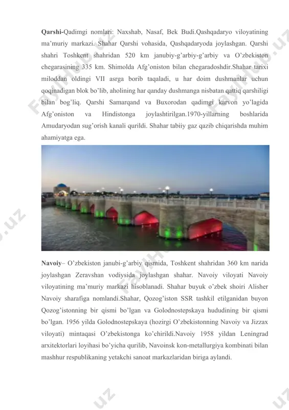 a katta o’zgarishlarni amalga oshirildi. termiz-shaharning nomi qadimgi «tara-maiyeta» so’zidan olngan, ya’ni «o’tish joyi» degan ma’noni anglatadi. qadim zamonlarda amudaryoda muhim o’tish joyi bor edi. termiz o’zbekistonning janubiy shahri, surxondaryo viloyatining ma’muriy markazi hisoblanadi.shahar g’arbda turkmaniston, sharqda tojikiston va janubda afg’oniston bilan chegaradosh. u amudaryoning o’ng qirg’og’ida joylashgan bo’lib, u orqali afg’oniston chegarasi surxondaryoning janubida, toshkent shahridan janubi-g’arbdan 490 kilometr janubida joylashgan.2002 yilda termiz shahrining 2500 yilligi nishonlandi. farg’ona-qadimgi nomlari – yangi margelan, skobelev. farg’ona shahrining nomi ikki farscha so’zdan (parij – farishta) va (xona – uy), ya’ni, «farishtalar uyi» yoki «farishtalar shahri».farg’ona vodiysining janubiy qismida, farg’ona viloyatining ma’muriy markazi toshkent shahridan 420 kilometr sharqda joylashgan.shahar 1876 yilda nyu-margelan deb nomlangan birinchi harbiy gubernator m.d. skobelev tomonidan tashkil etilgan.farg’ona markaziy osiyodagi eng qadimgi madaniy yodgorliklardan biridir.farg’ona neftni qazib olish uchun muhim markazlardan biri 1908 yilda u yerda birinchi neftni qayta ishlash zavodi qurildi. xiva o’zbekistonning xorazm viloyatida joylashgan. xiva antik …