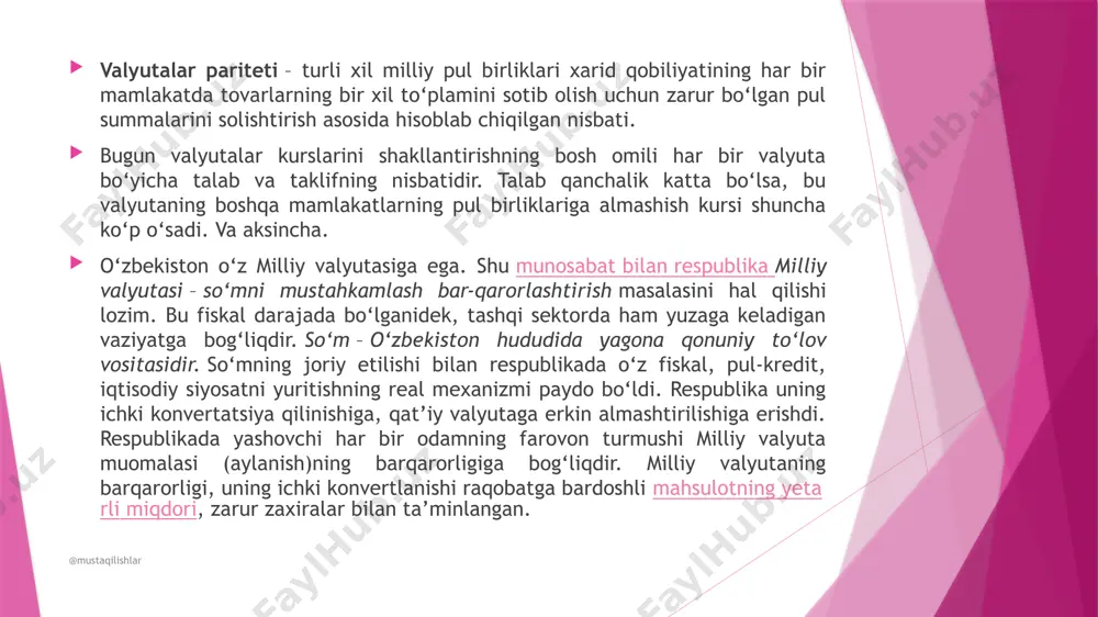 ar genuya valyuta tizimining asosiy tamoyillari ham oldingi parij valyuta tizimi tamoyillariga o’xshish edi. mazkur tizimda ham oltin oxirgi jahon puli sifatidagi rolini saqlab qoldi, shu bilan birgalikda oltin paritetlari ham qoldirildi. genuya valyuta tizimi quyidagi tamoyillarga asoslanib faoliyat ko’rsatgan: 1. tizim asosini oltin va deviz valyutalar tashkil etdi. ushbu davrda 30 ta mamlakatning pul tizimi oltin-deviz standartiga asoslandi. biroq, zahira valyuta mavqei rasmiy jihatdan hech bir valyutaga berilmadi, funt sterling va aqsh dollari ushbu sohada etakchilik uchun raqobatlashdi. 2. oltin paritetlari saqlab qolindi. valyutalarning oltinga almashinuvi nafaqat bevosita yo’l bilan (aqsh, frantsiya, b.britaniya) balki bilvosita, xorijiy valyutalar orqali ham amalga oshirildi. 3. erkin suzuvchi valyuta kurslari rejimi qayta tiklandi. 4. valyutani tartibga solish faol valyuta siyosati shaklida xalqaro konferentsiyalarda amalga oshirildi. @mustaqilishlar oltin deviz andozasi oltin andozasining muayyan shaklini ifodalab, bunda alohida milliy banknotalar oltinga emas balki boshqa mamlakatlarning valyutalariga (oltin quyilmalarga almashinuvchi devizlarga) almashtirilar edi. mazkur sharoitda, milliy …