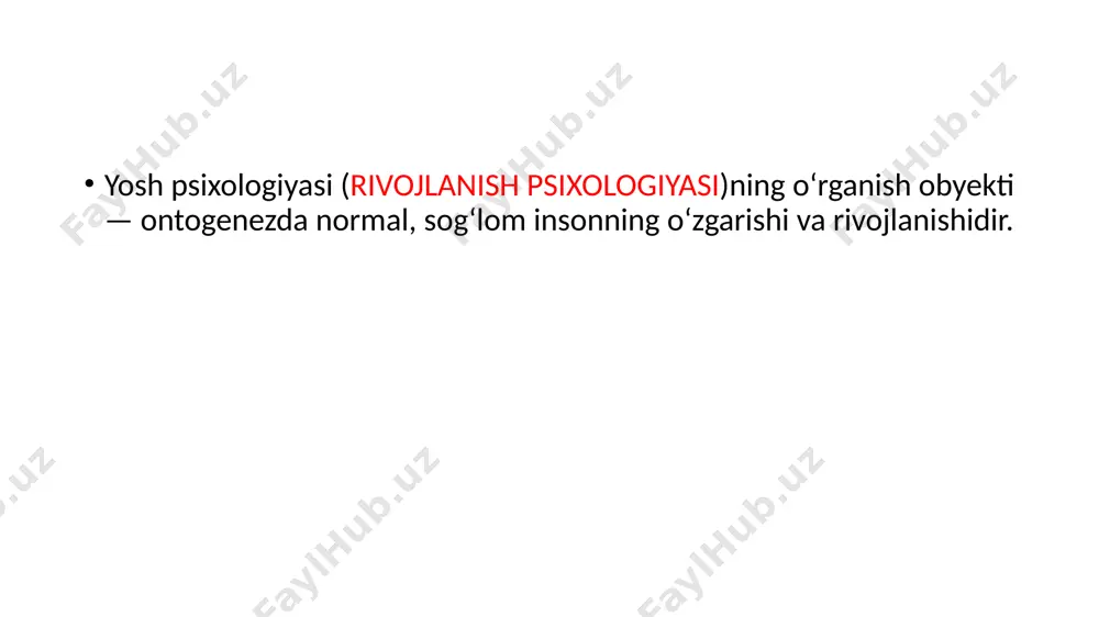 zgarishlar inson xulq-atvori va psixikasida tashkil etilgan yoki maxsus tashkil etilmagan ta’lim-tarbiya ta’sirida vujudga keladi. bolaning psixik rivojlanishini kuzatgan psixologlar (l.s.vigotskiy, p.p.blonskiy, a.vallon, j.piaje va boshqalar)ning aniqlashicha, mazkur kamol topishning o’ziga xos xususiyatlarga asoslangan (senzitiv — qulay) davrlari mavjud bo’lib, ular individning o’zi yashab turgan muhitda (bog’cha, oilada) tutgan o’rni, bilish jarayonlari, o’ziga xos xususiyatlari, holatlari, shaxsi va ongining o’sishi darajasi bilan bevosita bog’liqdir. tadqiqotchilarning uqtirishiga ko’ra, tabiat va jamiyatning qonunlari singari kamol topayotgan bola shaxsi rivojlanishining ham o’z qonunlari bor. bu qonunlar psixologiya fanining maxsus tarmog’i — bolalar psixologiyasining predmetiga kiradi. yosh va pedagogik psixologiya sohasi inson psixikasi faqat miqdor jihatdan emas, balki sifat jihatdan ham rivojlanishi, takomillashib borishi va o’zgarishi haqidagi metodologik hamda fenomenologik qoidaga amal qiladi. har bir fanning o’z predmeti borligi singari bolalar psixologiyasining ham o’zi tekshiradigan sohasi hamda tadqiqot metodlari bor. umumiy psixologiya psixika va uning zohir bo’lishi, rivojlanish qonuniyatlari haqidagi fan bo’lsa, yosh davri …