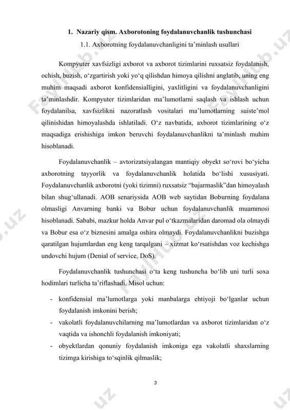 rmoq ishlamay qolishi mumkin. tarmoq ishlamay qolgan holatda tashkilotda ish to‘xtashi va ish to‘xtagan holatda tashkilotga yetib kelishi mumkin bo‘lgan moddiy zarar miqdori yuqori bo‘lishi mumkin. bunga misol sifatida 2013 yilda 30 daqiqa davomida www.amazon.com saytining ishlamay qolishi kompaniyaga 2 million dollarga (daqiqasiga 66 240 $) tushgan. ushbu misolning o‘zi ham bu foydalanuvchanlikning qanchalik muhim ekanligni anglatadi. yuqori foydalanuvchanlikni ta’minlashda 3 ta omil faoliyatini kuchaytirish lozim: · xatolarga bardoshlilik: bu omil tizimda xatolik kuzatilgan taqdirda ham ishlamay qolmaslik shartini ko‘rsatadi; · taqdim etilayotgan xizmatlarning kafolati: xizmatlar, shuningdek, tizimlar ham har doim mavjud bo‘lishi kerak; · ma’lumotlar xavfsizligi: infrastruktura tarkibidagi ma’lumotlar yaxlitligi, undagi jarayonlar va xodimlar ishlamay qolgan taqdirda ham ta’minlanishi shart. yuqori darajadagi foydalanuvchanlik o‘zida birorta ham xatolikni qamrab olmaydi. boshqacha aytganda, hosting provayderlarining yuqori foydalanuvchanlikni ta’minlashi uchun o‘zidagi biror tarmoq qurilmasi (masalan, marshrutizator yoki tarmoqlararo ekran) ishlamay qolishini oldini olish talab etiladi. tizim yoki xizmat foydalanuvchanligini buzilishiga olib keluvchi …