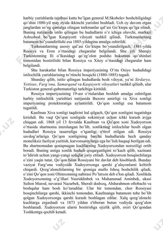abrda namanganga joylashib, k.p.kaufman qo’mondonligi ostidagi harbiy kuchlarga qo’shildi. mustamlakachi qo’shinlarga qarshilik harakatlari namanganda bir oy davom etdi. shaharni ozod etish uchun atrofdagi qishloqlardan qo’shimcha kuchlar keldi. shunga qaramasdan, podsho qo’shinlari tomonidan shaharning yarmi qo’lga kiritildi. podsho hukumati harbiy qo’shini uch kun davomida shahar qal’asida turdi. ikki tomon o’rtasida janglar 1876-yil yanvar oyi oxirigacha davom etdi. general m.skobelev boshchiligidagi qo’shin fevral oyiga kelibgina harbiy qurol ustunligi bilan g’alabaga erishdi. po’latxon va uning tarafdorlari qatl qilindi. 1876-yil 19-fevralda podsho hukumatining qo’qon xonligining tugatilganligi to’g’risidagi farmoni e’lon qilindi. shu tariqa qo’qon xonligi hududi o’rnida turkiston general-gubernatorligi tarkibiga kiruvchi farg’ona viloyati tashkil qilindi. viloyatga qo’qon xonligini bosib olishdagi harbiy yurishlarga rahbarlik qilgan general m.skobelev harbiy gubernator etib tayinlandi. o’rta osiyoni bosib olishning to’rtinchi bosqichi amudaryo va kapettog’ oralig’idagi qoraqum sarhadlaridagi turkmanlarga qarshi qaratildi. 1879-yil iyulda angliya afg’oniston hududining bir qismini bosib olgandan so’ng inglizlar uchun o’rta osiyoga yo’l ochildi. shuning uchun 1879-yil iyulda …