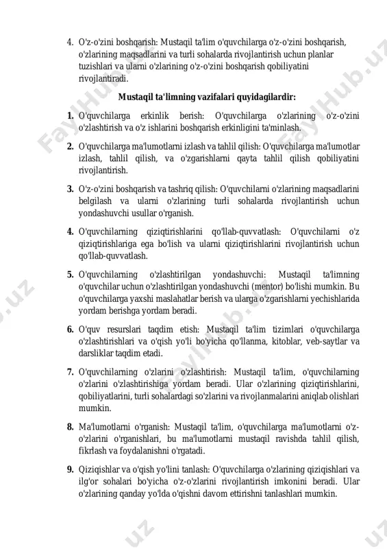 sadlarini va turli sohalarda rivojlantirish uchun planlar tuzishlari va ularni o'zlarining o'z-o'zini boshqarish qobiliyatini rivojlantiradi. mustaqil ta'limning vazifalari quyidagilardir: 1. o'quvchilarga erkinlik berish: o'quvchilarga o'zlarining o'z-o'zini o'zlashtirish va o'z ishlarini boshqarish erkinligini ta'minlash. 2. o'quvchilarga ma'lumotlarni izlash va tahlil qilish: o'quvchilarga ma'lumotlar izlash, tahlil qilish, va o'zgarishlarni qayta tahlil qilish qobiliyatini rivojlantirish. 3. o'z-o'zini boshqarish va tashriq qilish: o'quvchilarni o'zlarining maqsadlarini belgilash va ularni o'zlarining turli sohalarda rivojlantirish uchun yondashuvchi usullar o'rganish. 4. o'quvchilarning qiziqtirishlarini qo'llab-quvvatlash: o'quvchilarni o'z qiziqtirishlariga ega bo'lish va ularni qiziqtirishlarini rivojlantirish uchun qo'llab-quvvatlash. 5. o'quvchilarning o'zlashtirilgan yondashuvchi: mustaqil ta'limning o'quvchilar uchun o'zlashtirilgan yondashuvchi (mentor) bo'lishi mumkin. bu o'quvchilarga yaxshi maslahatlar berish va ularga o'zgarishlarni yechishlarida yordam berishga yordam beradi. 6. o'quv resurslari taqdim etish: mustaqil ta'lim tizimlari o'quvchilarga o'zlashtirishlari va o'qish yo'li bo'yicha qo'llanma, kitoblar, veb-saytlar va darsliklar taqdim etadi. 7. o'quvchilarning o'zlarini o'zlashtirish: mustaqil ta'lim, o'quvchilarning o'zlarini o'zlashtirishiga yordam beradi. ular o'zlarining qiziqtirishlarini, qobiliyatlarini, turli …