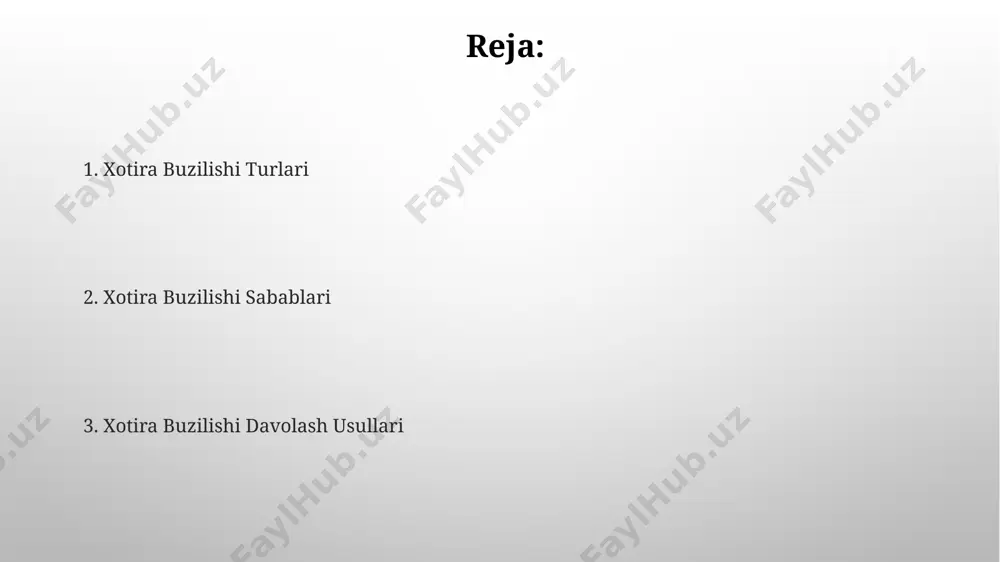 ikastlanishi, 2-toifa diabet, yoki 70 dan ortiq yoshdagi odamlarda keng tarqalgan neyrodegenerativ kasalliklarga bog'liq bo'lishi mumkin. buzilish darajasi bemorlarning yoshi va umumiy sog'lig'iga bog'liq. demensiya va xotira yo'qotilishi xotira yo'qotilishining asosiy sabablaridan biri alzheimer kasalligi bo'lib, u miya hujayralarining asta-sekin o'limiga olib keladi va bu jarayonni sekinlashtiradigan samarali dori-darmonlar hali ham cheklangan. 2023-yilgi tadqiqotlar shuni ko'rsatdiki, muntazam jismoniy mashqlar va sog'lom ovqatlanish, masalan, o'zbekistonning samarqand shahridagi tadqiqotda ko'rsatilganidek, demansiya va xotira yo'qotish xavfini sezilarli darajada kamaytiradi. xotirani yaxshilashning yo'llari xotira zaiflashishiga qarshi kurashda muvozanatli ovqatlanish muhim ahamiyatga ega. kunlik ratsioningizga 5 ta meva va sabzavot, shuningdek, baliq kabi omega-3 yogʻ kislotalari boy ovqatlarni qoʻshing. masalan, fargʻona vodiysidagi fermalardan olingan mahsulotlar foydali. xotirani yaxshilashning samarali usullaridan biri – kuniga kamida 30 daqiqa muntazam ravishda jismoniy mashqlar bilan shugʻullanish, masalan, toshkentdagi bogʻdod koʻchasidagi sport majmuasida yoki uy sharoitida. bu miya qon aylanishini yaxshilaydi va neyronlarning oʻzaro bogʻlanishini mustahkamlaydi. genetik omillar genetik omillar …