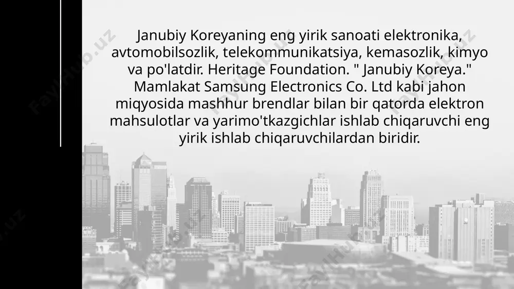 nadi. koreyada kemasozlik kabi sanoat nafaqat kemalarni qurishni o'z ichiga oladi. bunga ularning dizayni, ta'mirlanishi va konvertatsiyasi ham kiradi. shu bilan birga, ular har qanday turdagi kemalar bilan ishlaydi. faol rivojlanayotgan ushbu sanoat ko'plab turdosh tarmoqlar, jumladan kimyo va metallurgiya sanoatining rivojlanishini rag'batlantirmoqda. mamlakatda birinchi kemasozlik zavodi 1973 yilda paydo bo'lgan, shundan beri yana ikkitasi paydo bo'ldi. bugungi kunda koreyada uchta etakchi kompaniya kemasozlik bilan shug'ullanadi: hyundai heavy industries; daewoo kemasozlik va dengiz muhandisligi; samsung heavy industries. 80-yillarning oxiridan koreyada kemasozlik jadal o'sishni boshladi, bu esa so'nggi o'n yil ichida ushbu kichik mamlakatning jahon kemasozlik bozoridagi qimmatbaho kemalar ishlab chiqarishdagi ulushi 59,3% ni tashkil etdi. 2005 yilda mamlakatda qurilishga 339 ta buyurtma olingani, bu jahon kema ishlab chiqarishining 38 foizini tashkil etishi ushbu bozorda jahon monopoliyasi maqomiga yaqinlashayotganidan dalolat beradi. janubiy koreya tadqiqotlar instituti (korea cxo institute) mamlakatning eng yirik sanoat gigantlarini aniqladi. «samsung» o‘ziga xos kuchli to‘rtlikning mutlaq yetakchisi …