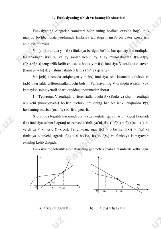 uchun f(x) fl;x0)) tengsizlik bajarilsa, u holda x0 f(x) funksiyaning noqat`iy maksimum (minimum) nuqtasi deyiladi (2 b - rasm). funksiyaning qat`iy va noqat`iy maksimum va minimum nuqtalariga, uning lokal (mahalliy) xarakterdagi ekstremum nuqtalari deyiladi. agar x0 f(х) funksiyaning maksimum nuqtasi bo`lsa, u holda x0 nuqtaning qaralayotgan 6 atrofida δf(x0) = f(x) - f(x0) 0 (δf(x0) > 0) tengsizliklar bajariladi. 2 - teorema. (funksiya ekstrcmumining zaruriy sharti) agar x0 nuqta f{x) funksiyaning ekstremum nuqtasi bo`lib, funksiya uning biror atrofida aniqlangan bo`lsa, u holda f `(x0) = 0 yoki f `(x0) - mavjud emas. teoremani geometrik izohlash mumkin. teorema shartlari bajarilganda, у = f(x) funksiya grafigining x0 abssisali nuqtasiga o`tkazilgan urinma yoki mavjud va ox o`qiga parallel (2 a - rasm), yoki mavjud emas (2 b - rasm). y x x0 0 f(x0) y x x0 0 f(x0) a) f `(x0) = 0 b) f `(x0) - mavjud emas. 2 - rasm. …