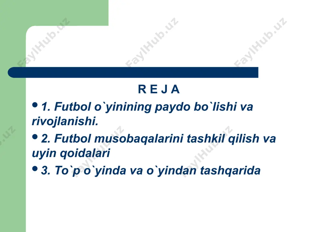 dan va «jin o`yin» sifatida ingliz qirollari futbolni ko`p marta taqiqlaganlar. bu taqiq 200 yil amalda bo`ldi. 1848 yili kеmbrij futbol klubi birinchi bor yagona o`yin qoidalarini joriy qiladi va bu qoidalarni nashr etishga qaror qilinadi. afsuski, ular bosmadan chiqmay yo`qolib kеtadi. bizgacha еtib kеlgan qoidalar 1863 yil 8 dеkabrda e`lon qilingan. bu qoida 13 banddan iboratdir. hozir biz bilgan futbol ana shunday paydo bo`lgan. 1863 yilgi qoidalar hozirgi qoidalardan farq qilgan. 1871 yili golkipеr ( darvozabon ) larga qo`lda o`ynash ruxsat bеrildi. burchakdan to`pni kiritish 1873 yilda kiritildi. 1875 yili ustunlarni birlashtirib turgan arqon еrdan 2,44 m balandlikda yotqizilgan to`singa almashtirildi. 1882 yili 4ta mustaqil futbol ittifoqi angliya, shotlandiya, uels va irlandiya futbol ittifoqlari birlashdilar. futbol maydonida xakam birinchi marta 1880 – 1881 yillarda ishtrok etadigan bo`ldi. 1891 yili xakam maydonga ikkita yordamchisi bilan tushadigan bo`ldi. xalqaro miqyosidagi dastlabki futbol o`yini 1873 yili angliya va shotlandiya futbol jamoalari o`rtasida …