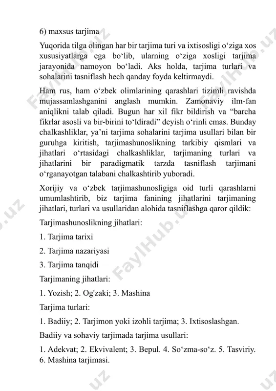 ijozga tarjima qilishdir. bunda mijoz asosan tinglovchi bo‘ladi, ya’ni uning aytganlarini tarjima qilishning hojati yo‘q. muayyan fakt va vaziyatlarni tushunmagan mijoz pichirlab savol beradi va tarjimon unga javob beradi. b) ketma-ket tarjima odatda konferentsiyada ma'ruzachi oldida amalga oshiriladi. aksariyat hollarda tinglovchilar bir xil tilda gaplashadi, mehmonga esa tarjimon hamrohlik qiladi, u bir-ikki jumladan keyin nutqini tarjima qiladi. ketma-ket tarjima ko'pincha sinxron tarjima uchun texnik jihatdan jihozlanmagan kichikroq konferentsiyalar, yig'ilishlar, ma'rifiy tadbirlar, ko'rgazmalar va taqdimotlarni ochishda qo'llaniladi. v) ko‘zga ko‘ringan tarjima ketma-ket tarjima kabi talabga ega. biroq, bu holda tarjimon so'zlovchining oldindan tayyorlangan nutqini yoki ilmiy ma'ruzasini yozma ravishda tarjima qiladi va uni bir vaqtning o'zida o'qiydi. bu jarayon, shuningdek, puxta tayyorgarlik, tez xotira va yaxshi so'z boyligini talab qiladi, chunki mijoz tinglovchilar e'tiborini jalb qilish uchun oldindan yozilgan nutqiga yangi ma'lumotlarni qo'shish, rahmat yoki kutilmagan tarzda baham ko'rishni xohlashi mumkin. ixtisoslashgan tarjima - ixtisoslashtirilgan lug'at va ensiklopediyalardan foydalangan holda, ma'lum …