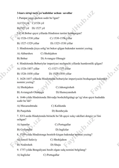 3-kurs sirtqi tarix yo’nalishlar uchun  savollar — DOCX